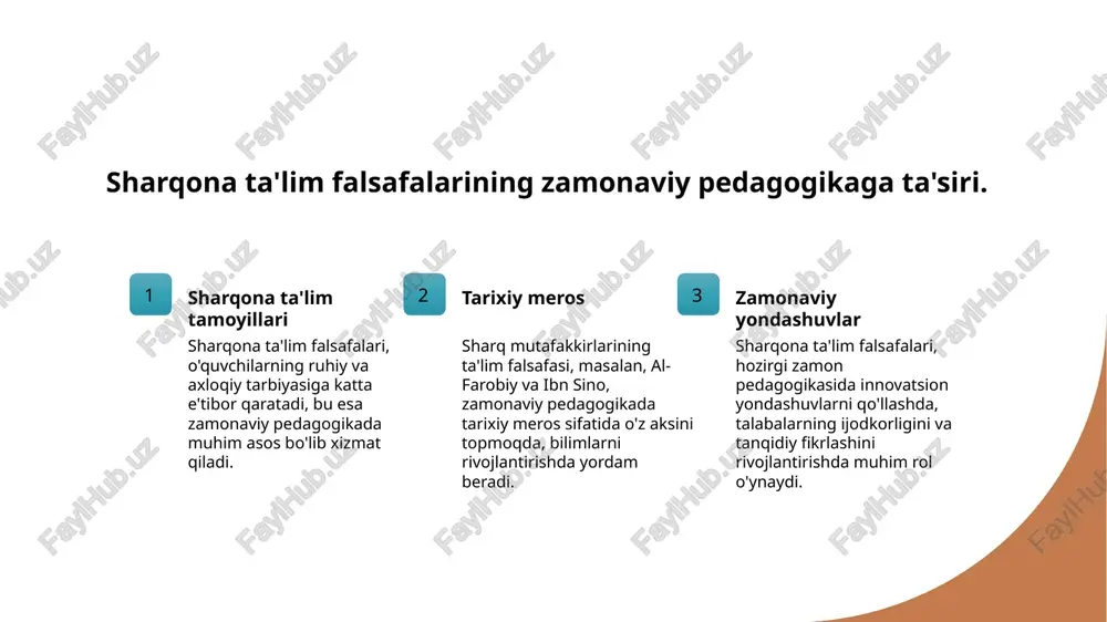 ularni yanada tarbiyalashga yordam beradi. xulosa sharq mutafakkirlarining ta'lim falsafasi sharq mutafakkirlarining ta'lim falsafasi, insonni rivojlantirishga qaratilgan asosiy tamoyillarni o'z ichiga oladi. ular ta'lim jarayonida axloqiy qadriyatlarni muhim qayd etishadi. zamonaviy ta'limda ahamiyati sharqona ta'lim falsafalari zamonaviy pedagogikaga katta ta'sir ko'rsatadi. ularning yondashuvlari, innovatsiyalarni va qadriyatlarni birlashtirib, ta'limni rivojlantiradi. tarixiy meros va kelajak sharq mutafakkirlarining tarixiy merosi ta'lim tizimlarida davom etmoqda. ularning g'oyalari, qadriyatlari va an'analarini saqlab qolish kelajak avlodga muhimdir.