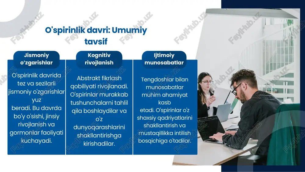 akat qiladilar.sog'lom turmush tarzi, stressni boshqarish va hayotdan zavqlanish bu davrning muhim jihatlari hisoblanadi. xulosa 1.yoshga bog'liq rivojlanish - bu uzluksiz jarayon bo'lib, har bir bosqich:o'ziga xos psixologik o'zgarishlar, ijtimoiy vazifalar, muhim hayotiy qarorlar, shaxsiy o'sish imkoniyatlari bilan tavsiflanadi 2.o'spirinlik davri ahamiyati:shaxs sifatida shakllanishning hal qiluvchi davri, kelajak poydevorining qurilishi, qadriyatlar tizimining shakllanishi , hayotiy yo'nalishning aniqlanishi 3.etuklik davrining o'rni:shaxsiy va kasbiy barqarorlik , hayotiy tajribaning to'planishi ,ijtimoiy mas'uliyatning ortishi , ma'naviy kamolotga erishish image1.png image2.svg image2.jpeg image3.jpeg image4.jpeg image5.png image6.png image8.svg image7.jpeg image8.jpeg image9.jpeg image10.png image13.svg ihnhini ahnihiii ihu winn iuniluii thin ta /docprops/thumbnail.jpeg