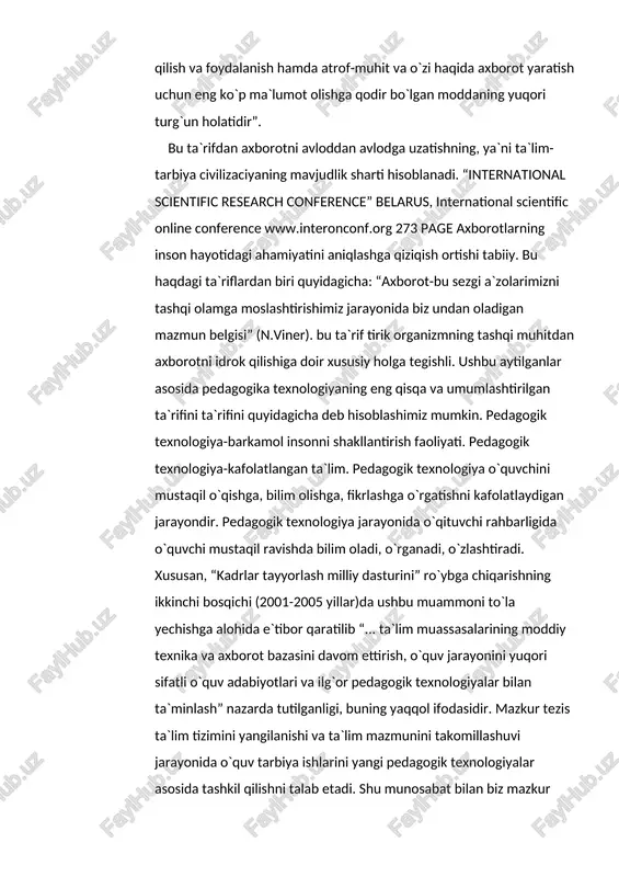 . ushbu aytilganlar asosida pedagogika texnologiyaning eng qisqa va umumlashtirilgan ta`rifini ta`rifini quyidagicha deb hisoblashimiz mumkin. pedagogik texnologiya-barkamol insonni shakllantirish faoliyati. pedagogik texnologiya-kafolatlangan ta`lim. pedagogik texnologiya o`quvchini mustaqil o`qishga, bilim olishga, fikrlashga o`rgatishni kafolatlaydigan jarayondir. pedagogik texnologiya jarayonida o`qituvchi rahbarligida o`quvchi mustaqil ravishda bilim oladi, o`rganadi, o`zlashtiradi. xususan, “kadrlar tayyorlash milliy dasturini” ro`ybga chiqarishning ikkinchi bosqichi (2001-2005 yillar)da ushbu muammoni to`la yechishga alohida e`tibor qaratilib “... ta`lim muassasalarining moddiy texnika va axborot bazasini davom ettirish, o`quv jarayonini yuqori sifatli o`quv adabiyotlari va ilg`or pedagogik texnologiyalar bilan ta`minlash” nazarda tutilganligi, buning yaqqol ifodasidir. mazkur tezis ta`lim tizimini yangilanishi va ta`lim mazmunini takomillashuvi jarayonida o`quv tarbiya ishlarini yangi pedagogik texnologiyalar asosida tashkil qilishni talab etadi. shu munosabat bilan biz mazkur o`quv qo`llanmani “pedagogik texnologiyalar va pedagogik mahorat” deb nomlab, ta`lim muassasalarining o`quv tarbiya jarayonini pedagogik texnologiyalar bilan ta`minlash va ta`lim-tarbiya jarayoniga ilmiy yondashuvlar asosida yoritishni lozim deb bildik. darslikda pedagogik texnologiyalarning mohiyati, …