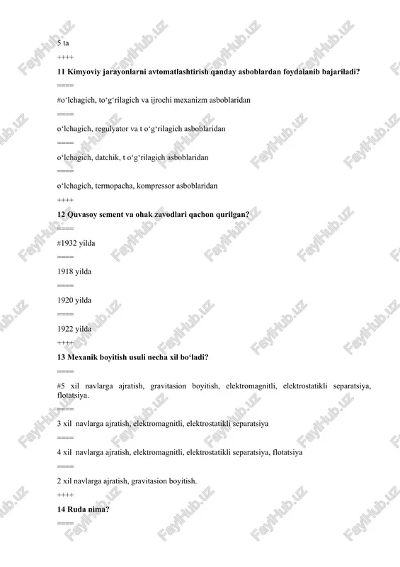 har-xil tezliklarda pastga tushishga. ==== zarrachalar massasi har xilligi ==== zarrachalar zichligining har xilligiga ==== tashqaridan berilgan bosimga ++++ 22 suvni sodali usulda yumshatganda qaysi qattiqlik yo‘qoladi? ==== #muvaqqat qattiqtliq ==== doimiy qattiqtlik ==== qattiqtlik yo‘qolmaydi ==== abadiy qattiqtlik ++++ 23 suvni yumshatishning kimyoviy usullari necha hil? ==== #4 xil; ohakli, sodali, natronli, fosfatli ==== 2 xil; ohakli, fosfatli ==== 3 xil; ohakli, sodali, fosfatli ==== 2 xil; ohakli, sodali ++++ 24 suvning muvaqqat qattiqligi nima bilan xarakterlanadi? ==== #suvda kalsiy va magniyning gidrokarbonatlari borligi bilan ==== suvda kalsiy va magniyning xloridning borligi bilan ==== suvda kalsiy va magniyning karbonatlari borligi bilan ==== suvda kalsiy va magniyninghar qanaqa turlari borligi bilan ++++ 25 suvni zararsizlantiriganda kalsiy gipoxlorat bilan ishlov beriladi, bunda qanday reaksiya boradi va suvdagi mikroorganizmlarni nima o‘ldiradi? ==== #ca(clo)2+co2+h2o=↓caco3+2hclo+o; hclo=hcl+o hosil bo‘lgan atomlar kislorod bo‘lgan hclo ==== ca(clo)2+so2 +h2o= ↓caso3+2hclo+o hosil bo‘lgan ==== ca(clo)2+2h2o=ca(oh)2+2h2o hosil bo‘lgan hcl ==== …