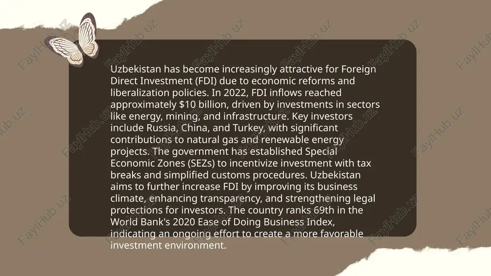 ervices are expanding, supported by a young, tech-savvy population. the government plans to privatize several state-owned banks to enhance competitiveness and efficiency in the sector. ... t.me/slaydai_bot uzbekistan's tourism industry is experiencing significant growth, largely due to government initiatives and improved infrastructure. in 2019, the country welcomed nearly 6.7 million international visitors, a substantial increase from previous years. the government’s aim is to attract 9 million tourists annually by 2025. key drivers include the introduction of visa-free travel for citizens from 86 countries and extensive investment in the hospitality sector. in 2018, tourism's contribution to gdp was approximately 2.3%. uzbekistan has over 7,000 cultural heritage sites, and efforts to promote these sites are expected to boost tourist arrivals. additionally, the silk road heritage offers a unique selling point, drawing international attention and investment. ... t.me/slaydai_bot cryptocurrency and blockchain technology are gaining traction in uzbekistan, particularly since the government legalized cryptocurrency …