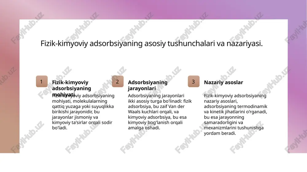 sifatiga ta'sir qiladi. adsorbsiyaning tasnifi: fizik va kimyoviy farqlar. 1 fizik adsorbsiyaning xususiyatlari fizik adsorbsiyada molekulalar kuchli kimyoviy bog‘lanishlarga ega bo‘lmaydi, shuning uchun u energiya va harorat o‘zgarishlariga kamroq ta'sir qiladi. 2 kimyoviy adsorbsiyaning xususiyatlari kimyoviy adsorbsiyada molekulalar o‘rtasida mustahkam kimyoviy bog‘lanishlar yuzaga keladi, bu esa jarayonni energiya va haroratga bog‘laydi. 3 energiya o'zgarishlari fizik adsorbsiyada energiya o'zgarishi minimaldir, kimyoviy adsorbsiyada esa energiya sezilarli darajada o'zgaradi, bu jarayonning qiyinlashishiga olib keladi. 4 qo'llanilish sohalari fizik adsorbsiyaning sanoatdagi qo'llanilishi oddiy filtratsiya va gazlarni ajratishda, kimyoviy adsorbsiyaning esa katalizator sifatida ishlatilishida ko'zga tashlanadi. adsorbsiyaning o'lchov usullari: fizik va kimyoviy aspektlar. 1 fizik o'lchov usullari fizik o'lchov usullari, masalan, adsorbsiyani o'lchash uchun gravimetrik va volumetrik metodlardan foydalanadi, bu esa materialning yuzasida bog'lanish jarayonini aniqlashga yordam beradi. 2 kimyoviy o'lchov usullari kimyoviy o'lchov usullari, masalan, spektroskopiya va xromatografiya, adsorbsiya jarayonlaridagi kimyoviy o'zgarishlarni aniqlashda muhim rol o'ynaydi va molekulyar tuzilmani o'rganishga imkon beradi. 3 o'lchov …
