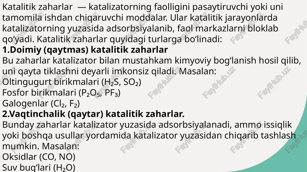 iyatini sekinlashtiradi yoki to‘xtatadi. ferment ingibitorlarining asosiy turlari: 2. tibbiy ingibitorlar tibbiyotda dori sifatida ishlatiladigan ingibitorlar turli kasalliklarni davolashda qo'llaniladi. 3. kimyoviy ingibitorlar kimyoviy jarayonlarda reaksiya tezligini boshqarish uchun ishlatiladi. asni boshqaradi yoki keraksiz reaksiyalarni to‘xtatadi. ingibitorlarning sanoatdagi ahamiyati ingibitorlar sanoatda muhim rol o‘ynaydi, chunki ular turli kimyoviy jarayonlarni boshqarishda, jarayon samaradorligini oshirishda va zararli ta'sirlarni kamaytirishda keng qo‘llaniladi. quyida ularning sanoatdagi asosiy ahamiyati va qo‘llanilish sohalari ko‘rib chiqiladi: 1. korroziyani oldini olish korroziya sanoatdagi metall va qurilmalar uchun katta muammo hisoblanadi. korroziya ingibitorlari metallarning kimyoviy yemirilish jarayonini sekinlashtiradi yoki oldini oladi. 2. polimerizatsiya jarayonlarini boshqarish polimerizatsiya ingibitorlari keraksiz polimerlarning hosil bo‘lishini to‘xtatadi yoki jarayonni boshqaradi. 3. neft va gaz sanoatida. ingibitorlar neft va gaz sanoatida reaksiya jarayonlarini samarali va xavfsiz amalga oshirish uchun ishlatiladi. ingibitorlar: reaktsiyalar tezligini qanday o'zgartiradi?. 1 inhibitorlar turlari inhibitorlar ikki asosiy turga bo'linadi: raqobatdosh va raqobatsiz. raqobatdosh inhibitorlar substrat bilan raqobatlashadi, raqobatsizlar esa boshqa mexanizmlar …