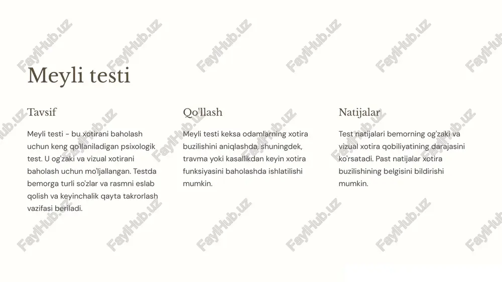 midir. u bizga o'tmishni eslab qolish, hozirgi zamonda yashash va kelajakni rejalashtirish imkonini beradi. xotira bilan bog'liq muammolarni erta aniqlash va davolash muhimdir. xotirani yaxshilash uchun sog'lom turmush tarzi, stressni boshqarish va samarali o'rganish usullaridan foydalanish tavsiya etiladi. xotira bilan bog'liq muammolar bo'lsa, mutaxassislarga murojaat qilish muhimdir. 10 image1.png image2.png image3.png image4.png image5.png image6.png image7.png image8.png image9.png image10.png image11.png image12.png image13.png image14.png image15.png image16.png @ made with gamma [a]