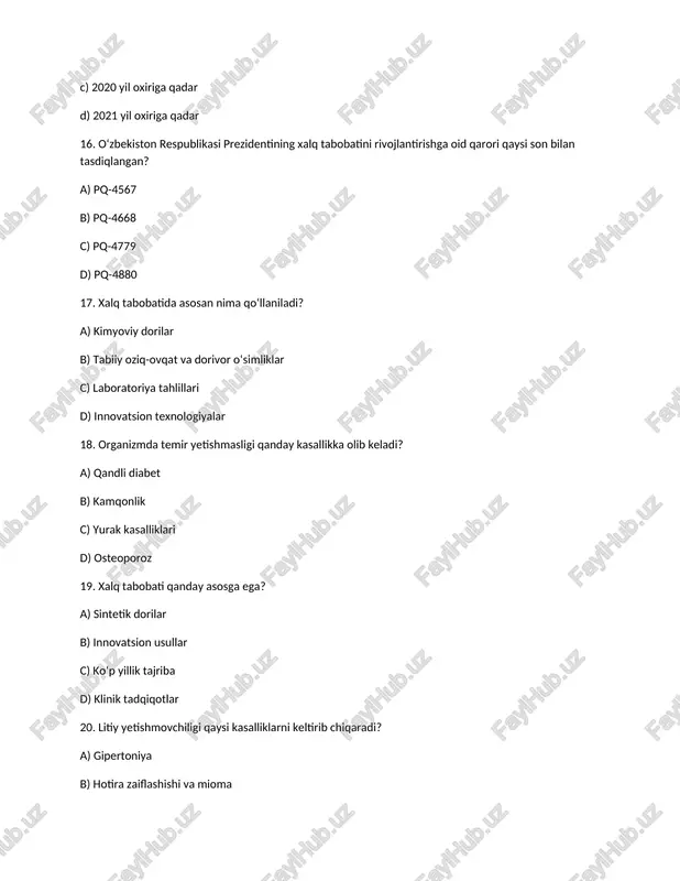 ish d) yuqoridagi barcha javoblar to‘g‘ri 36. mioma asosan kimlarda uchraydi? a) erkaklarda b) ayollarda c) yoshlarda d) keksalarda 37. organizmda temir yetishmovchiligi qaysi mahsulot orqali to‘ldiriladi? a) tuz b) shakar c) jigar d) sariyog‘ 38. litiy qaysi mahsulotlarda ko‘proq uchraydi? a) go‘sht mahsulotlari b) sut mahsulotlari c) o‘simlik choylari d) mineral suvlar 39. xalq tabobati nima? a) davolashning zamonaviy usuli b) tabiiy usullar bilan davolash tajribasi c) jarrohlik amaliyoti d) innovatsion texnologiya 40.xalq tabobatining maqsadi: organizmni... a) kimyoviy dorilar bilan davolash. b) tabiiy usullar bilan mustahkamlash. c) sun’iy vositalar bilan davolash. d) klinik tekshiruvlardan o‘tkazish. 41. organizm uchun zararli ichimliklar: a) gazlangan ichimlik b) mineral suv c) qizil sabzi sharbati d) choy 42. temir tanqisligi qaysi kasallikni keltirib chiqaradi? a) yurak kasalliklari b) miyya kasalligi c) kamqonlik d) saraton 43. kamqonlikni davolash uchun nima qilish kerak? a) temir boy oziq-ovqatlarni iste’mol qilish b) ko‘p choy ichish c) tuzni ko‘paytirish …