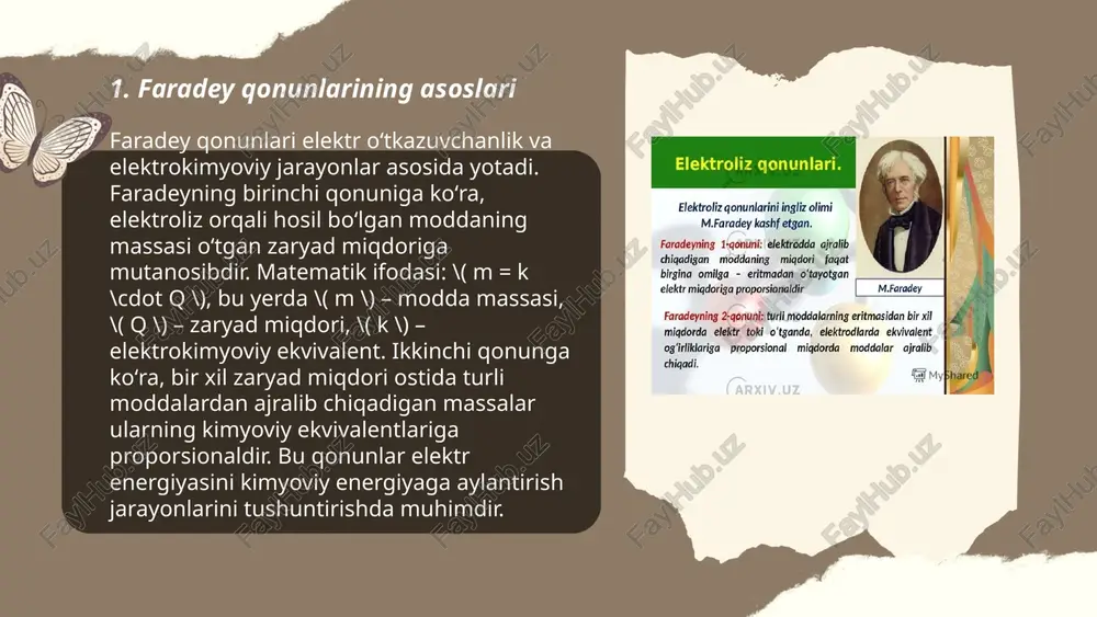 adi. faradey konstantasi qiymati taxminan: bu qiymat, bir mol elektronlar uchun zarur bo’lgan zaryad miqdorini ko’rsatadi. faradey qonunlarining qo’llanilishi • batareyalar va akkumulyatorlar: faradey qonunlari yordamida batareyalar va akkumulyatorlardagi elektroliz jarayonlarini tushunish mumkin. elektroliz: suvni elektroliz qilish yoki metallarning elektrolitik yondashuvi (masalan, mis, oltin, kumushni elektrolizlash) faradey qonunlari asosida amalga oshiriladi. • kimyoviy analiz: elektrokimyoviy tahlil qilishda, masalan, anod va katod jarayonlari orqali moddaning tarkibini aniqlashda faradey qonunlari qo’llaniladi. • galvanoplastika: bu jarayonda metallarni elektrolitik yotqizish orqali buyumlarni qoplashda faradey qonunlari asosida hisob-kitoblar amalga oshiriladi. xulosa faradey qonunlari elektr zaryadi va elektroliz jarayonlarini o’rganishda asosiy ahamiyatga ega. birinchi qonun elektrolizda hosil bo’lgan moddalar massasi bilan zaryad o’rtasidagi bog’lanishni aniqlasa, ikkinchi qonun bir nechta moddalar o’rtasidagi hosil bo’lgan moddalar massalari nisbati haqida ma’lumot beradi. faradey qonunlari amaliyotda kimyo, elektrotexnika va materialshunoslik sohalarida keng qo’llaniladi. image1.png image2.png image3.png image4.jpeg image5.png image6.jpeg image7.png image8.jpeg elektroliz qonunlari. elektroliz qonunlarini ingliz olimi m.faradey kashf etgan. …