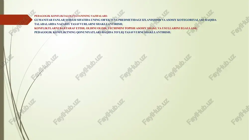 lariga aks tasir natijasida ham konfliktni vujudga keltiruvchi omillar vujudga keladi. konflikt rivojlanishining asosiy pogonalari konfliktni vujudga kelishida va uni hal etishda konstruktiv yondashuv ziddiyatni ijobiy yangi pogonaga olib chiqadi va togri yechimga olib keladi. ziddiyatni hal etishda destruktiv yondashuv esa konfliktni yanada chuqurlashtirib uni boshi berk kochaga olib kiradi. shunga qaramasdan konfliktning dastlabki bosqichi uchun dekonstruktiv yondashuv xos bolib, konfliktning davomiyligining malum davrida konstruktiv yondashuv talab etiladi va konfliktni hal etish ijobiy bosqichga otadi. shunga kora konfliktni vujudga kelishi va uni yechimining quyidagi pog`onasi namoyon boladi: konfliktning yechimini topish - konflikt vaziyatni yoqotish hamda u yuzaga keltirgan munosabatlarni togri yolga soluvchi bilimlar va konikmalar majmuidan iboratdir. pedagogik konfliktologiya fanining ilmiy-tadqiqot metodlari o‘z-o‘zini tahlil qilish; og‘zaki va yozma so‘rov; anketalashtirish; test so‘rovi; ishbilarmonlik o‘yinlari va h.k. nizolarni oldini olish yuzasidan izlanishlar olib brogan olimlar . o‘zbekiston respublikasida yoshlarni har tomonlama komil insonlar qilib tarbiyalash, konfliktologik kayfiyat va xususiyatlarni o‘rganish bo‘yicha …