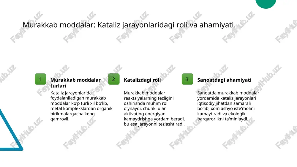termediari va energiya darajasini optimallashtiradi. 03 amaliy tadqiqotlar zamonaviy tadqiqotlar murakkab moddalar yordamida tezlikni oshirish usullarini o'rganmoqda; bu, sanoat jarayonlarini innovatsion rivojlantirishga olib keladi. kataliz jarayonlarida energiya darajasining ahamiyati. 1 kataliz jarayoni kataliz jarayoni, kimyoviy reaktsiyalarni tezlashtirishda energiya darajasining muhim rolini o'ynaydi, bu esa jarayonni samarali va iqtisodiy qiladi. 2 energiya to'siqlari kataliz jarayonida energiya to'siqlarini kamaytirish, reaksiya uchun zarur bo'lgan energiya miqdorini pasaytiradi, bu esa reaksiyaning tezligini oshiradi. 3 aktivlashgan kompleks katalizatorlar orqali hosil bo'lgan aktivlashgan komplekslar, energiya darajasini pastlatib, reaktsiya mexanizmlarini tezlashtiradi va yangi mahsulotlar hosil qiladi. 4 energiya tejash kataliz jarayonida energiya darajasining optimal boshqarilishi, ishlab chiqarishda energiya tejalishiga olib keladi, natijada iqtisodiy va ekologik foyda keltiradi. sanoatda murakkab moddalar bilan kataliz: amaliy misollar. 01 sanoatda katalizatorlar murakkab moddalar, masalan, metal organik bog'lanishlar, sanoatda tezlikni oshirish uchun keng qo'llaniladi, natijada ishlab chiqarish jarayonlari samaradorligi ortadi. 02 ammiak ishlab chiqarish haber-bosch jarayonida murakkab moddalar, masalan, temir katalizatorlar, ammiak …