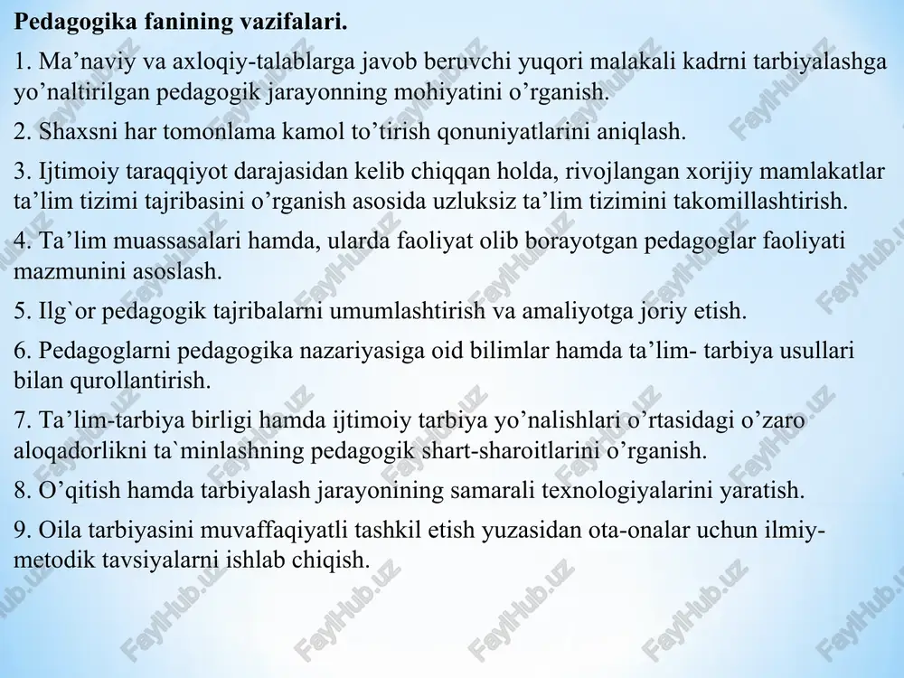 shuv asosida ta’lim va tarbiya jarayonining samaradorligini oshirish muammolarini o’rganadi. 8. pedagogik mahorat— bo’lajak o’qituvchilarning kasbiy mahoratlarini oshirish, takomillashtirish muammolarini o’rganadi. 9. ta’limni boshqarish— ta’lim muassasalarining faoliyatini yo’lga qo’yish, boshqarish, nazorat qilish hamda istiqbollarini belgilash masalalarini o’rganadi. 10. ijtimoiy pedagogika— ijtimoiy munosabatlar jarayonida pedagogik g`oyalarning tutgan o’rni va roli, shaxsni kasbiy va ijtimoiy faoliyatga yo’naltirish muammolarini o’rganadi. pedagogikaning boshqa fanlar bilan aloqasi. 1. falsafa— shaxs rivojlanishi jarayonining dialektik xususiyatlari, muayyan pedagogik g`oya, qarash hamda ta’limotlarning falsafiy jihatlari kabi masalalarni hal etishga imkon beradi. 2. iqtisod— ta’lim muassasalarining faoliyatini yo’lga qo’yish, o’quv binolarini qurish, ta’lim-tarbiya jarayonlarini tashkil etish va ularning moddiy-texnika va zamonaviy texnologiyalar bilan jihozlash kabi masalalarning iqtisodiy jihatlarini anglashga xizmat qiladi. 3. sotsiologiya— ijtimoiy munosabatlar mazmuni, ularni tashkil etish shartlari xususida ma`lumotlarga ega bo’lish asosida ta’lim-tarbiya jarayoni ishtirokchilarining o’zaro munosabatlarini samarali tashkil etish uchun imkoniyat yaratadi. 4. etika – shaxs ma`naviyatini shakllantirish, unda eng oliy insoniy sifatlar, axloqiy ong …