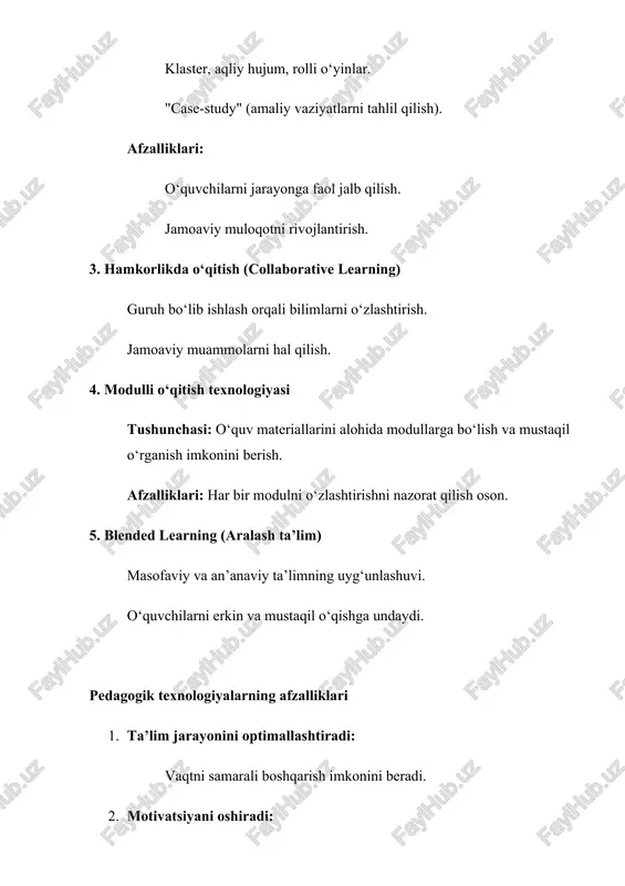 shqaruvi: e’tiborni jalb qilish uchun ovozni moslashtirish. gestikulyatsiya va mimika: emotsional ta’sirni kuchaytirish uchun tana harakatlaridan foydalanish. 4.2. e’tibor boshqaruvi diqqatni jalb qilish usullari: savollar berish, hayotiy misollarni qo‘llash. yaxshi boshlanish: darsni qiziqarli kirish so‘zlari bilan boshlash. faoliyatni diversifikatsiya qilish: tez-tez interaktiv faoliyatlar orqali tinglovchilarning e’tiborini tiklash. 5. auditoriya bilan ishlashning asosiy usullari 1. o‘quvchilarni faol jalb qilish: guruhli faoliyat, interaktiv vazifalar, munozaralar. 2. emotsional yondashuv: o‘quvchilarga mehr va ishonchni ko‘rsatish. 3. fikrlarni shakllantirish: fikr almashish va savollar orqali yangi bilimlarni ochib berish. 6. yaxshi auditoriya boshqaruvining natijalari o‘zaro ishonchli muloqot: o‘qituvchi va o‘quvchi o‘rtasidagi yaxshi munosabatlar. o‘quvchilarning faolligi: tinglovchilarning dars jarayonida ishtirok etish darajasining oshishi. yuqori samaradorlik: ta’lim jarayonining natijalarini sezilarli darajada yaxshilash. 3. faol o'qitish metodlari va ularni tashkil etish faol o‘qitish metodlari va ularni tashkil etish faol o‘qitish metodlari – bu o‘quv jarayonini o‘quvchilar ishtirokida faollashtiradigan, ular bilimlarni o‘zlashtirishda faol qatnashadigan metodlar majmuasidir. bu metodlar o‘quvchilarning mustaqil …