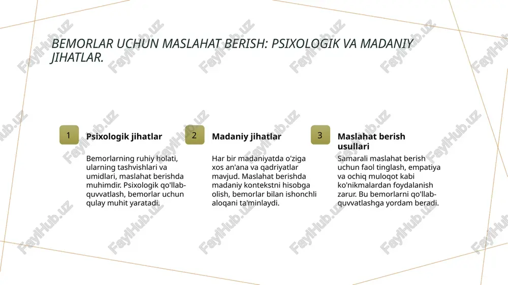 e'tibor va hurmat ko'rsatish, ularning individual ehtiyojlarini qondirishda muhim ahamiyatga ega. xulosa 1 maslahat turlarining ahamiyati maslahat turlari bemorlar uchun muhimdir. ular ruhiy holatni yaxshilashga, muloqotni osonlashtirishga va bemorlar ishtirokini oshirishga yordam beradi. 2 muloqot to'siqlarini bartaraf etish muloqot to'siqlarini bartaraf etish uchun samarali strategiyalar ishlab chiqilishi zarur. bu bemorlar bilan samarali aloqalarni kuchaytirib, ularning ruhiy holatini yaxshilaydi. 3 og'ir bemorlar bilan muloqot og'ir bemorlar bilan muloqotda psixologik va madaniy jihatlar muhimdir. bu yondashuvlar bemorlar uchun injiq va murakkab vaziyatlarda qo'llanilishi kerak. e'tiboringiz uchun rahmat! /docprops/thumbnail.jpeg maslamatturlari qoidalarl maslahat berish konikmalari kkommunikatsion to'siolar bemorlarning rubiy xoletlog'ir 'va0:layotkan bemorlar bilan. mulogotning ozigaxosligi