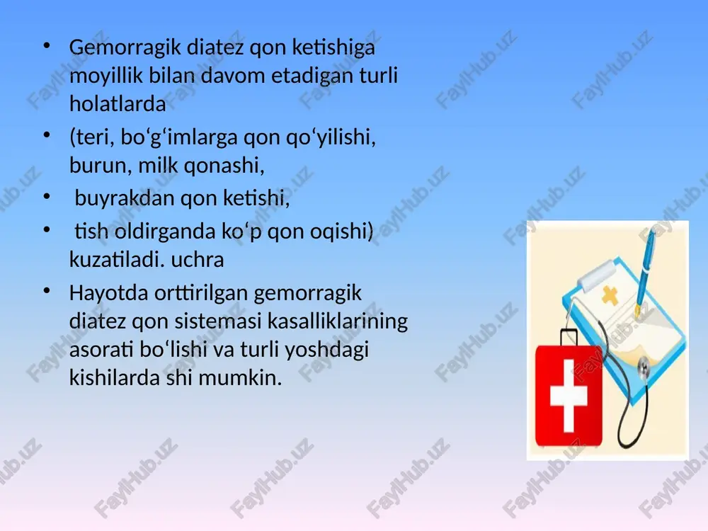 aydigan preparatlar: kalsiy xlorid, rutin, askorbin kislota. klinikasi kasallik yuqori harorat 39—40° bilan o‘tadi. 1 teri va shilliq pardalardagi gemorragik toshmalardir. 2 teri qichishadi va salgina shishadi. 3 teridagi o‘zgarishlarga bo‘g‘im sindromlari qo‘shiladi, 4. yirik bo‘gimlarda kuchli og‘riq bo‘ladi. ob’ektiv ko‘rilganda: bo‘g‘imlarning shishgani, harakatining chegaralanganligi kuzatiladi. abdominal sindrom qorinning og‘rishi, qon qusish, qonli ich ketishi bilan xarakterlanadi. buyrakning shikastlanishi bo‘lib, bu holat sekin-asta buyrak etishmovchiligiga olib keladi. parvarishi bemorga e’tiborli bo‘lish, ozadalikka rioya qilish, teri parvarishiga ahamiyat berish, og‘zini chayishga ko‘maklashish kerak. terida, uning namlanib turadigan uchastkalarida va burmalarida ko‘p sonli qon quyilishlar boiganda, bog‘lamlarni muntazam almashtirib, zararlangan joylarga takroran dori sepish zarur. tayanch iboralar trombotsitopeniya- trombotsitlar sonining kamayishi gemoterapiya- qon va plazma quyish splenomegaliya- taloqning kattalashib ketishi splenektomiya- taloqni kesib olish kliniksi teri gemorragiyasi shilliq pardadan qon ketishi hisoblanadi. teri gemorragiyasi petexiya ko‘rinishida bo‘­ladi va tananing old qismida joylashadi. vaqt o‘tishi bilan terining qon quyilgan joylari rangli ko‘rinishda bo‘ladi …