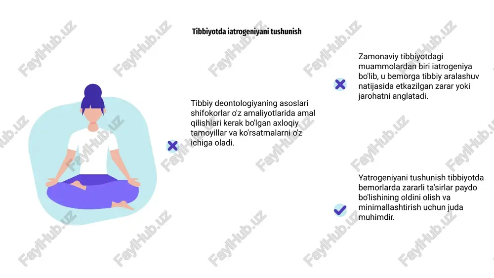 mlarini boshqaradigan axloqiy tamoyillarga e'tibor qaratadi. zamonaviy tibbiyotning muhim muammolaridan biri bu iatrogeniya bo'lib, u tibbiy aralashuvlar natijasida yuzaga keladigan zarar yoki salbiy ta'sirlarni anglatadi. evtanaziya, yana bir nozik mavzu, davolab bo'lmaydigan kasallikdan aziyat chekayotgan bemorning hayotini ataylab tugatishni o'z ichiga oladi. ushbu muammolar sog'liqni saqlash sohasida axloqiy dilemmalarni keltirib chiqaradi. yatrogeniya bemorlarga jiddiy ta'sir ko'rsatishi mumkin, bu jismoniy, psixologik va hissiy oqibatlarga olib keladi. bemorlar dori-darmonlarga, jarrohlik xatolariga yoki sog'liqni saqlash muassasalarida olingan infektsiyalarga salbiy ta'sir ko'rsatishi mumkin. bunday yatrogenik zarar uzoq davom etadigan azob-uqubatlarga va hayot sifatining pasayishiga olib kelishi mumkin. sog'liqni saqlash mutaxassislari yatrogen xavflarni minimallashtirishga harakat qilishlari va bemorning xavfsizligini birinchi o'ringa qo'yishlari kerak. yatrogeniyaning ta'sirini tushunish tibbiyot xodimlari uchun juda muhim, chunki u profilaktika choralari va aralashuvlar zarurligini ta'kidlaydi. zararning mumkin bo'lgan manbalarini aniqlash va bartaraf etish orqali sog'liqni saqlash xodimlari bemorning natijalarini yaxshilashlari va umumiy tibbiy yordam ko'rsatishni yaxshilashlari mumkin. tibbiy aralashuvlarning foydalari va …