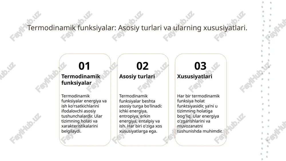 zgarishlarini va muvozanat holatlarini aniqlashda muhim rol o'ynaydi. 2 asosiy turlari - termodinamikada holat o'zgaruvchilari ikkita asosiy turga bo'linadi: energetik va termodinamik. energetik o'zgaruvchilar energiya va ishni, termodinamiklar esa bosim va hajmni o'z ichiga oladi. 3 tizimdagi o'rni - holat o'zgaruvchilari tizimning ichki energiyasini va muvozanat holatlarini belgilashda muhim ahamiyatga ega. ular energiya o'zgarishlari jarayonini tushunishga yordam beradi. energiya o'zgarishlarida holat o'zgaruvchilarining ahamiyati va ta'siri. holat o'zgaruvchilari holat o'zgaruvchilari, tizimning energetik holatini belgilovchi muhim parametrlar bo'lib, ularning qiymatlari energiya o'zgarishlariga ta'sir qiladi. energiya o'zgarishlari energiya o'zgarishlari, tizim holatining o'zgarishi bilan bog'liq. holat o'zgaruvchilari, masalan, bosim va harorat, bu jarayonda muhim rol o'ynaydi. tizim muvozanati tizim muvozanatida holat o'zgaruvchilarining ahamiyati katta. ular energiya saqlash va o'zgarishlarni nazorat qilishga yordam beradi, muvozanatni ta'minlaydi. holat o'zgaruvchilarini o'rganish: amaliy misollar va qo'llanilish sohalari. 1 holat o'zgaruvchilari holat o'zgaruvchilari tizimning holatini belgilaydi va energiya o'zgarishlarini tahlil qilishda muhim ahamiyatga ega. ular ichki energiya, entropiya, va …