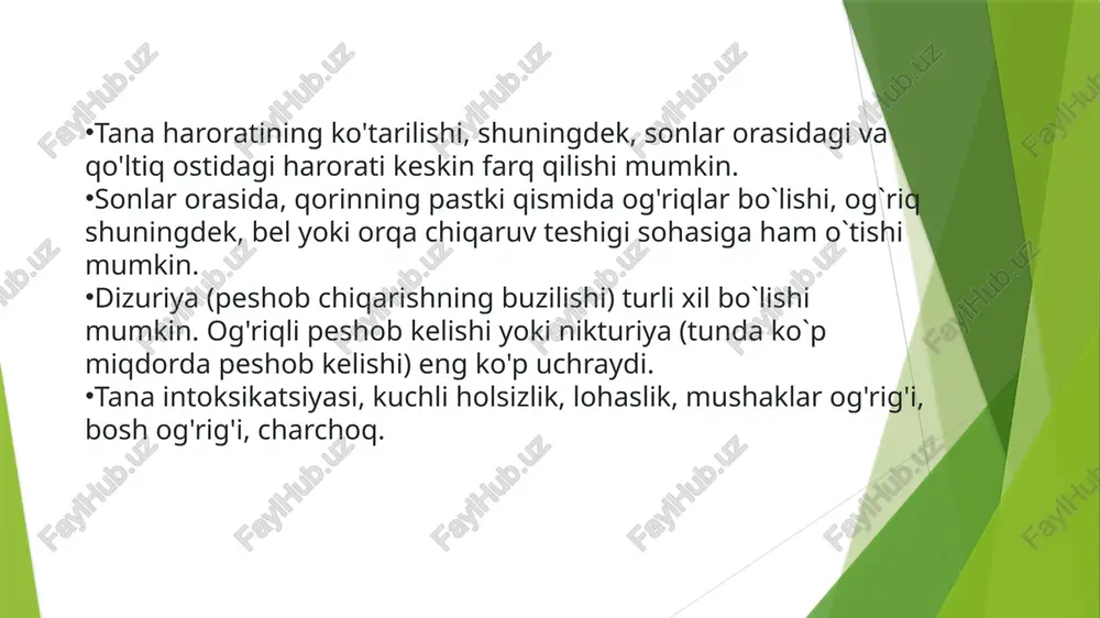 yallig'lanish jarayoni erkak a`zosining tuzilishiga kuchli ta'sir qiladi, bezli to'qimalar ishdan chiqadi va biriktiruvchi bilan almashadi, oqibatda maxsus suyuqlik (sekret) ajralmaydi. to'qimalar almashishining oldini olish uchun fizioterapiya (magnitoterapiya, elektr stimulyatsiyasi) qo'llaniladi. surunkali prostatitni davolash uchun barmoq bilan prostatani massaj qilish tavsiya etiladi, u orqa chiqaruv teshigi orqali amalga oshiriladi. shunday qilib, qon aylanishi va sekretsiya ishlab chiqarilishi rag'batlantiriladi, ammo bunday massaj faqat remissiya davrida va muayyan vaqt davomida amalga oshiriladi, kasallikning o'tkir bosqichida massaj taqiqlanadi, chunki u infeksiyaning tarqalishiga olib keladi. massajdan oldin shifokor prostatada toshlar yo'qligiga ishonch hosil qilish uchun utt buyuradi. kalkulyoz prostatitda har qanday mexanik harakatlar taqiqlanadi. o`tkir bakterial prostatitni davolash o’tkir bakterial prostatitni davolash to’g’ridan-to’g’ri kasallikning alomatlari qay darajada yaqqol ekanligiga bog’liq. ba’zida bemorning ahvoli juda og’ir bo’ladi, bu ko’pincha tananing intoksikatsiyasi tufayli yuz beradi. kasallik tez rivojlanadi, tana harorati keskin ko’tarilib ketadi, varaja qilish kuzatiladi, kichik tos sohasida, oraliqda, dumg’azada og’riq paydo bo’ladi. ko’ngil aynishi …