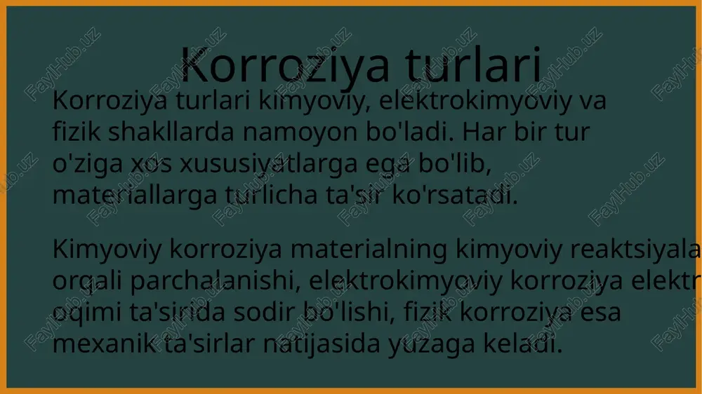g ekologik barqarorlikka ta'siri muhokama qilinadi. korroziya jarayoni ekologik muhitga salbiy ta'sir ko'rsatadi. bu, asosan, kimyoviy moddalar va metallarning parchalanishi orqali sodir bo'ladi. korroziya sababli yuzaga keladigan ekologik muammolar orasida tuproq va suv resurslarining ifloslanishi, shuningdek, biologik xilma-xillikning kamayishi mavjud. kelajakda korroziya va ekologiya o'rtasidagi munosabatlar ko'proq muhim ahamiyat kasb etadi. ekologik barqarorlikni ta'minlash uchun zamonaviy himoya usullarini qo'llash zarur. himoya materiallari turlari korroziyadan himoyalanish uchun bir nechta materiallar mavjud. ular orasida metall, plastik, va qoplama materiallari eng ko'p ishlatiladi. har bir materialning o'ziga xos xususiyatlari bor, bu esa ularning qo'llanilishiga ta'sir qiladi. misol uchun, metall materiallar ko'pincha zanglamas po'latdan tayyorlanadi, bu esa uzoq muddatli foydalanish imkonini beradi. metall materiallar, masalan, zanglamas po'lat, yuqori kuchlanishga ega bo'lib, uzun muddatli foydalanish uchun mos keladi. biroq, ularning narxi va og'irligi ba'zan kamchilik bo'lishi mumkin. plastik materiallar esa yengil va korroziyaga chidamli, lekin ba'zi holatlarda mexanik kuchlanishga zaifroq bo'lishi mumkin. shuningdek, ular past …