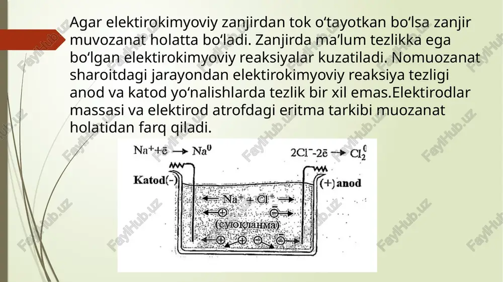 saqlash. 3. qotishma tanlash: korroziyaga chidamli qotishmalar (masalan, zanglamaydigan po‘lat) ishlatish. 4. inhibitorlardan foydalanish: elektrolitga maxsus moddalar qo‘shib, korroziya jarayonini sekinlashtirish. elektrokimyoviy korroziya jarayonlarini matematik ifodalashda asosan faradey qonuni va elektrokimyoviy reaksiyalar tenglamalari qo‘llaniladi. metall anod sifatida ionlar shaklida eritmaga o‘tadi, katodda esa qayta tiklanish (reduksiya) jarayoni amalga oshadi. 2. faradey qonuni (elektr kimyosi asosida): metallning yemirilishi orqali ajralgan modda miqdori quyidagicha hisoblanadi: 3. potensiallar farqi (nernst tenglamasi): elektrod potensialini aniqlash uchun: ishlatilishi; 1. metalllarni himoya qilish texnologiyalari: elektrokimyoviy korroziya mexanizmini tushunish metallarning yemirilishini oldini olish uchun qo‘llaniladi: korrozion qoplamalar: metall yuzalariga bo‘yoq, lak, yoki himoya qotishmalarini qo‘llash. katod himoyasi: gaz quvurlari, suv omborlari va ko‘priklarni elektr toki bilan himoya qilish. galvanik himoya: kam qiymatli metall (masalan, rux) asosiy metallni himoya qiladigan anod sifatida ishlatiladi. 2. energetika va elektrotexnika: batareyalar va akkumulyatorlar: elektrokimyoviy jarayonlar energiyani saqlash va chiqarishda qo‘llaniladi. korroziyaga chidamli materiallar tanlovi: elektrostansiyalar, transformatorlar va kabellar uchun materiallarni tanlash. …