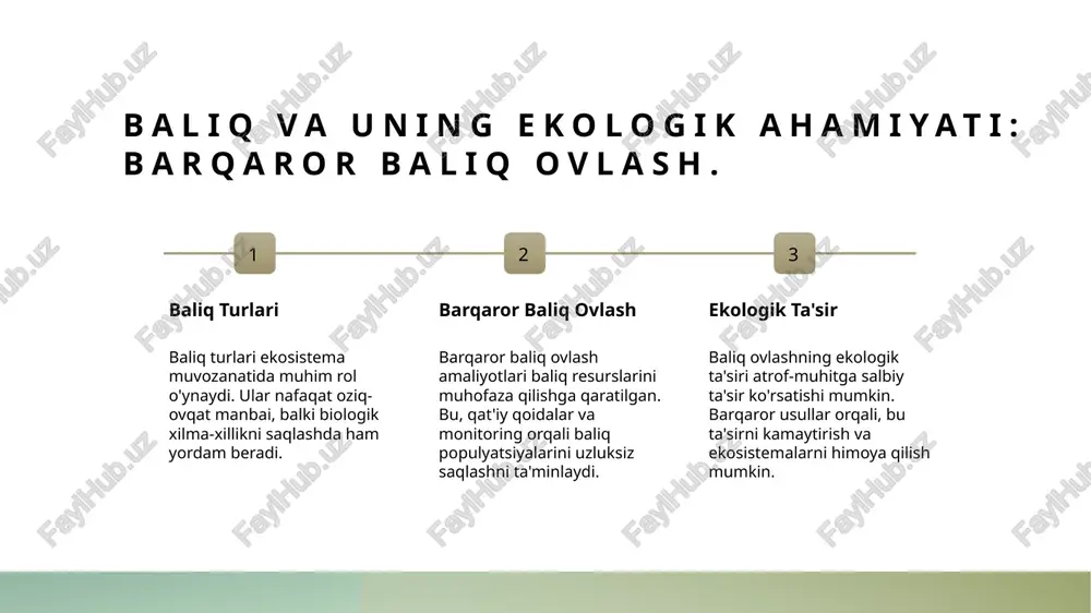 ologiyaga hissa qo'shadi. 2 qayta ishlash jarayoni qayta ishlangan baliq mahsulotlari, muhim oziq moddalar saqlanib qolgan holda, turli xil usullar bilan tayyorlanadi. bu jarayon, mahsulotni saqlash va iste'mol qilishni osonlashtiradi. 3 o'zbek madaniyati o'zbek oshxonasida baliq taomlari an'anaviy va zamonaviy usullarda tayyorlanadi. ular, tarixiy rivoji bilan birga, milliy madaniyat va urf-odatlarimizni aks ettiradi. e'tiboringiz uchun rahmat! /docprops/thumbnail.jpeg click to edit master title style