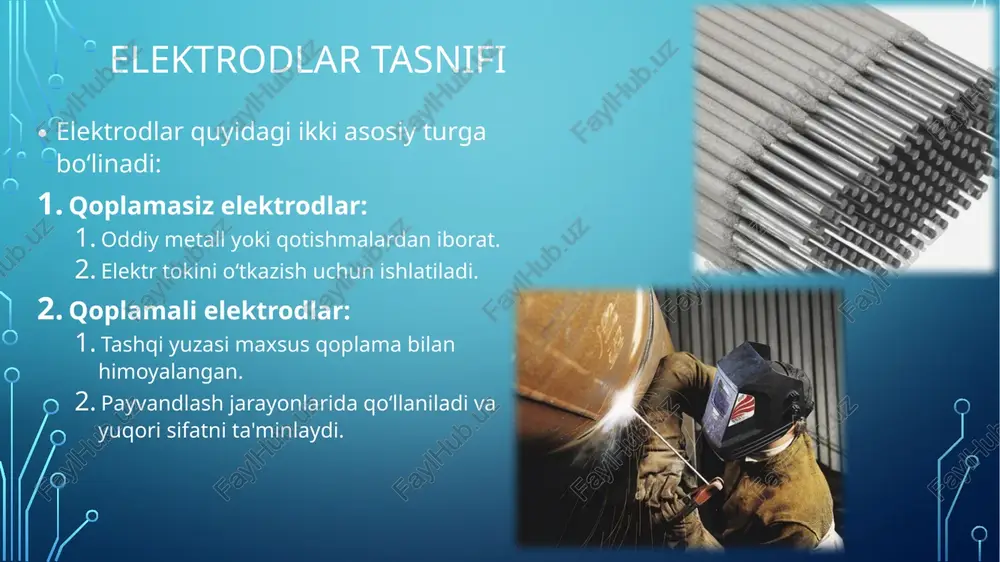 uritiladi va maxsus pechda qotiriladi. elektrod ishlab chiqarish elektrodlarning ahamiyati elektrodlar bugungi kunda energetika, sanoat, tibbiyot va boshqa sohalarda muhim ahamiyatga ega. ular elektr energiyasini saqlash, metallni birlashtirish va kimyoviy reaksiyalarni boshqarishda asosiy element hisoblanadi. elektrodlarning zamonaviy qo‘llanilishi elektromobillar: lityum-ion batareyalarda ishlatiladigan elektrodlar. quyosh energiyasi: quyosh batareyalari uchun elektrodlar. tibbiyot: elektrokardiogramma va boshqa qurilmalarda ishlatiladigan elektrodlar. quyosh paneli ishlash sxemasi elektrodlar bilan ishlashda xavfsizlik choralari payvandlashda maxsus himoya ko‘zoynaklari va qo‘lqoplardan foydalanish. elektr toki bilan ishlashda xavfsizlik qoidalariga rioya qilish. himoya gazlari bo‘lmagan joyda qoplamali elektrodlarni ishlatmaslik. elektrodlarning ekologik ta’siri elektrodlar ishlab chiqarish va qo‘llanilishi ekologik masalalarni keltirib chiqarishi mumkin. bu jarayonda atrof-muhitga qanday ta’sir ko‘rsatiladi: ishlab chiqarish jarayonlari: grafit va metall elektrodlarni ishlab chiqarish ko‘p energiya talab qiladi. kimyoviy moddalar (masalan, tio₂ yoki caco₃) ishlatilishi oqibatida atmosferaga zararli moddalar ajralib chiqishi mumkin. ishlatilgan elektrodlar: qoplamali elektrodlarning qoldiqlari shlak sifatida yig‘iladi va ularni utilizatsiya qilish muammoli bo‘lishi mumkin. qattiq chiqindilar …