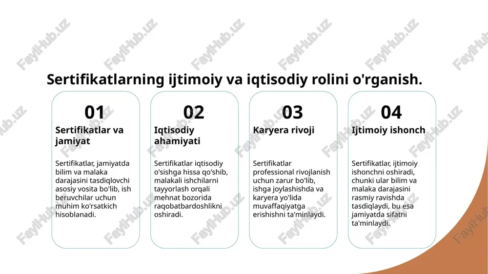 malaka oshirish imkoniyatlari sertifikatlar malaka oshirish dasturlarini qo'llab-quvvatlaydi, mutaxassislarning yangiliklarga moslashtirilishi va malakasini oshirish imkonini beradi. 3 innovatsion yo'nalishlar ta'limda yangi yo'nalishlar, masalan, onlayn sertifikatlar, o'quvchilarga global bozor talablari yuzasidan malaka oshirish imkoniyatini beradi. xulosa sertifikatlarning ahamiyati sertifikatlar ta'lim va kasbiy sohalarda malaka oshirishda muhim rol o'ynaydi. ular shaxsning bilim va ko'nikmalarini tasdiqlaydi. ijtimoiy va iqtisodiy ta'sir sertifikatlar ijtimoiy mavqeni oshiradi va ish imkoniyatlarini kengaytiradi. ular iqtisodiy rivojlanishga ham ijobiy ta'sir ko'rsatadi. sertifikat beruvchi organlar sertifikat beruvchi organlar malakali mutaxassislarni tayyorlash va sertifikatlashtirish jarayonlarini boshqaradi. ularning vazifalari ishonchlilikni ta'minlashdir. e'tiboringiz uchun rahmat!