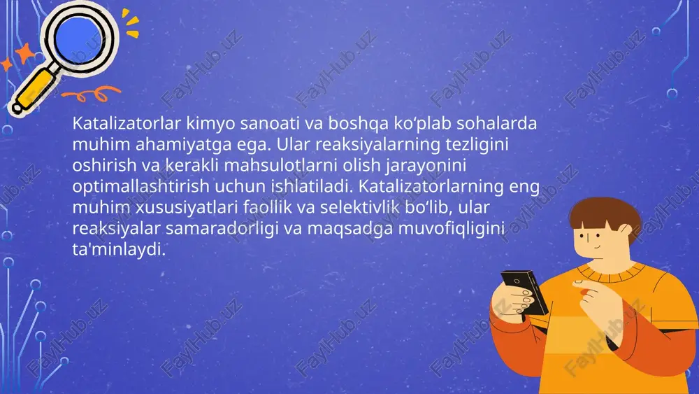 aytirishi mumkin faollikning ta'siri - yuqori faollik ishlash jarayonida chalg'ishlarga olib kelishi mumkin hamda diqqatni jamlash imkoniyatini kamaytiradi ijtimoiy ta'sir - yuqori faollik atrofdagi ijtimoiy muhitga ta'sir ko'rsatib, ularning diqqatini kamaytirishi mumkin psikologik jihat - muntazam yuqori faollik stress va charchoqni kuchaytirishi natijasida selektiv fikrlashni qiyinlashtiradi kichik faoliyatlar - past faoliyatda o'z vaqtida to'g'ri qarorlar qabul qilish va selektiv fikrlash imkoniyati oshadi 16 katalizatorlar reaktsiya tezligini oshiradi va energiya tejaydi katalizatorlarning vazifasi energiya tejash reaktsiya tezligi 17 katalizatorlar turli sharoitlarda ishlaydi katalizatorning vazifasi - katalizatorlar kimyoviy reaktsiyalarni tezlashtirishda muhim rol o'ynaydi. ular reaksiya jarayonida ishtirok etsa ham, o'zgarishiga uchramaydi. sharoitlar ta'siri - katalizatorlar har qanday sharoitda ishlash qobiliyatiga ega. ular harorat va bosim o'zgarishlariga nisbatan tez va unumli javob berishadi. turlari va ishlash mexanizmi - katalizatorlar ga'zi, suyuq va qattiq holatlarda bo'ladi. har bir turi o'ziga xos ishlash mexanizmi bilan taklif qilinadi. ishlash jarayonida samaradorlik - katalizatorlar samarali ishlashini ta'minlash …