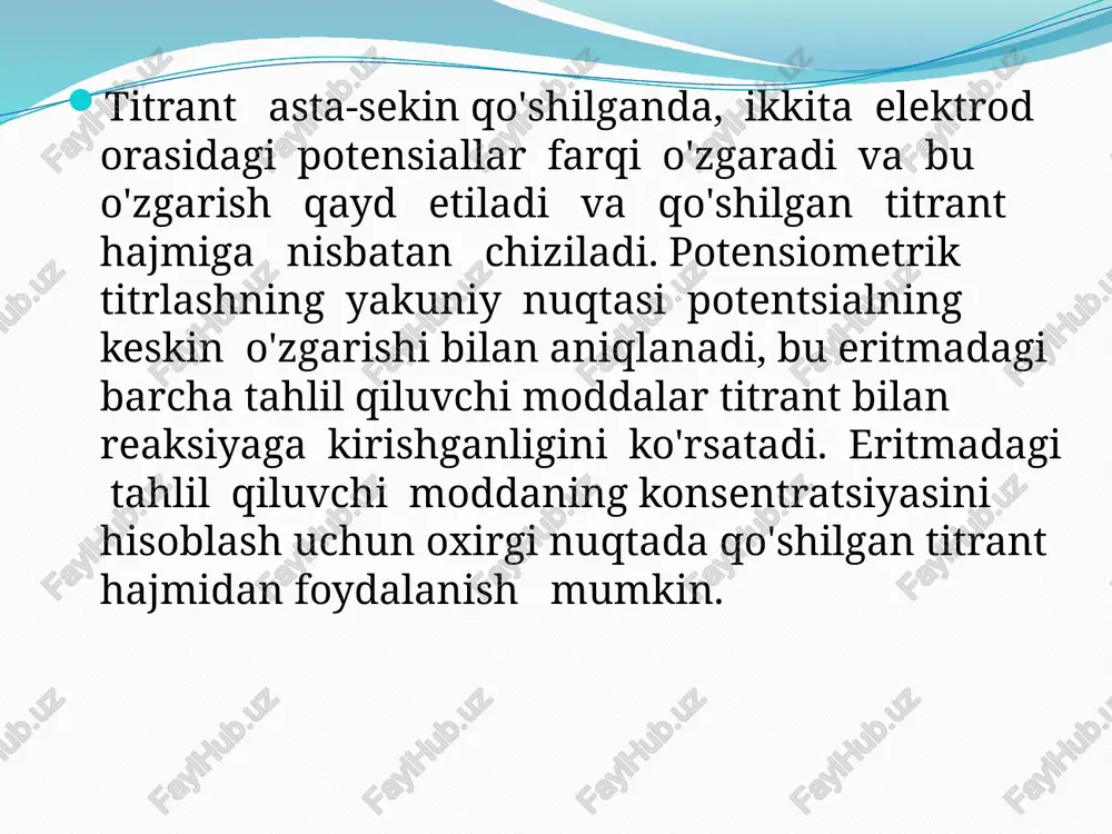 oblash uchun ishlatilishi mumkin. yo'g'irlash titrlash odatda analitik kimyoda galogenidlar, sulfatlar va muayyan reagentlar bilan erimaydigan cho'kma hosil qiladigan boshqa ionlarning kontsentratsiyasini aniqlash uchun ishlatiladi. oksidlovchi yoki qaytaruvchi moddaning mollari soni oksidlovchi yoki qaytaruvchi moddaning mollari soniga teng boʻlgunga qadar nomaʼlum konsentratsiyali eritmaga oksidlovchi yoki qaytaruvchi moddalarni bosqichma-bosqich qoʻshishni oʻz ichiga olgan potensiometrik titrlashning bir turi. tahlil qiluvchi. titrlash jarayonida eritmaning potentsialini nazorat qilish uchun platina elektrod yoki oltin elektrod ishlatiladi, bu oksidlovchi yoki qaytaruvchi vosita qo‘shilganda o‘zgaradi. qizil-qaytarilish titrlashning oxirgi nuqtasi odatda eritmaning oksidlanish holatidagi o'zgarishlarni aniqlay oladigan shisha elektrod yoki platina elektrod kabi indikator elektrod yordamida aniqlanadi. redoks titrlashda ishlatiladigan umumiy indikatorlarga kaliy permanganat, yod va seriy sulfat kiradi. oxirgi nuqtaga erishilgandan so'ng, noma'lum eritma konsentratsiyasini hisoblash uchun qo'shilgan oksidlovchi yoki qaytaruvchi vosita hajmidan foydalanish mumkin. redoks titrlash odatda analitik kimyoda eritmadagi oksidlovchi yoki qaytaruvchi moddalar konsentratsiyasini aniqlash, shuningdek namunaning oksidlanish-qaytarilish potentsialini aniqlash uchun ishlatiladi. oksidlanish-qaytarilish titrlashlari sanoatda …