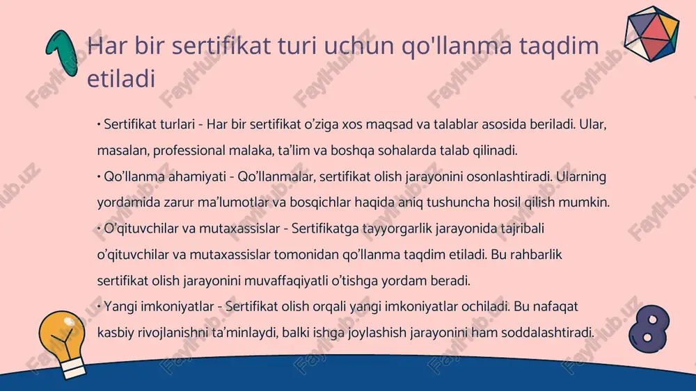 lar - ushbu organlar mahsulotlarga va xizmatlarga sertifikatlar berish, ularning sifatini nazorat qilish va ilovalar taqdim etish bilan shug'ullanadi • qo'llaniladigan standartlar - sertifikat beruvchi organlar iso, gost va boshqa standartlarga muvofiq sertifikatlarni berish uchun talablar o'rnatadi • ro'yxatdagi organlar - o'zbekistonda ishlov beruvchi sertifikatlashtirish organlari davlat sertifikatlash markazi va xususiy tashkilotlar qatoriga kiradi sertifikatlarning ahamiyati va foydalari haqida ma'lumotlar beriladi • malaka tasdiqlovchi hujjat - sertifikatlar kasbiy malaka va bilimlarni tasdiqlovchi muhim hujjatlardir. ular ish beruvchilar uchun xodimning tajribasini va bilimini ko'rsatadi • qaror qabul qilishda yordam - sertifikatli mutaxassislar ish beruvchilar tomonidan yanada afzal ko'riladi. bu ularning ishga qabul qilishdagi qarorlarini osonlashtiradi thank you for your attention! image1.jpeg image2.jpeg image3.gif image4.jpeg image5.jpeg image6.jpeg realtor pointing at document for client to sign,managing documents and business deals , signing a bu