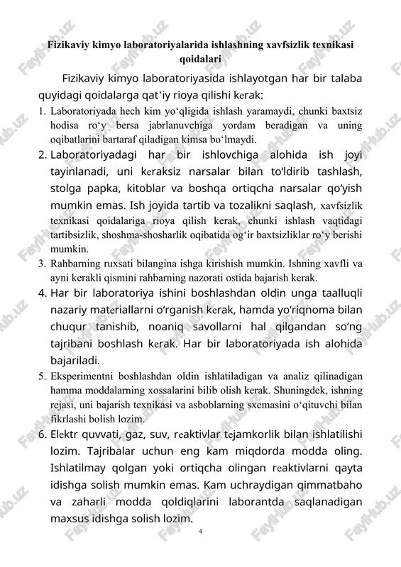 rlar va ularning eritmasi, shuningdek, metall alkogolyatlari ham teri va shiliq pardaga tegsa kimyoviy kuydiradi. ko‘zga ishqor sachrasa kishi ko‘r bo‘ladi. shuning uchun kislota va ishqorlar bilan ishlash qoidalarini esda saqlash kerak. 1. ishqor va kislotalar bilan qilinadigan hamma ishlar himoya ko‘zoynagi taqib bajariladi. 2. kislota va ishqorlarni katta idishlardan kichik idishlarga sifon yoki voronka orqali quyishda rezina qo‘lqop, fartuk va himoya ko‘zoynagidan foydalanish kerak. 3. kislota va ishqorlarni og‘iz bilan pipetka yoki sifon orqali so‘rib olish man etiladi. 4. sulfat kislotani faqat issiqqa chidamli idishlarda suyultirish mumkin, chunki bunda ko‘p issiqlik ajralib chiqadi. bunda kislota suvga quyiladi, lekin aksincha emas. bu ishni bajarishda himoya ko‘zoynagi taqib, olish kerak. 5. ishqorlarni eritishda ham ko‘zoynak taqish kerak. bunda ishqorning kichikroq bo‘laklari asta-sekin suvga solib eritiladi. ishqor bo‘lakchalarini faqat qisqich bilan olish mumkin. 6. vaakum-eksikatorlarda suvni tortib oluvchi modda sifatida sulfat kislota ishlatish mumkin emas, chunki eksikator yorilib ketsa, kislota sachrab kuydiradi. …