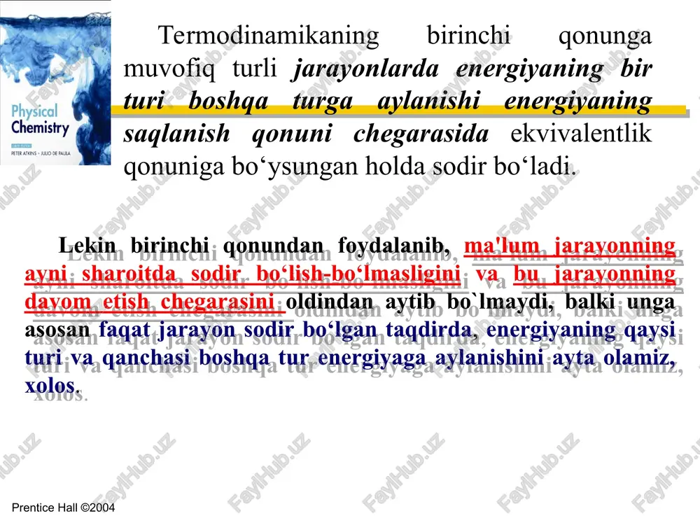 z-o‘zicha boradigan jarayonlar bilan birlashtirilishi, tashqaridan energiya sarf qilinishi kerak. chapter 18 prentice hall ©2004 termodinamik qaytar jarayonlar agar jarayonni faqat to‘g‘ri tomonga emas, balki teskari tomonga ham olib borish mumkin bo‘lsa va bu vaqtda faqat sistemagina emas, balki atrofdagi muhit ham o‘zining oldingi holatiga qaytsa, bunday jarayonga termodinamik qaytar jarayon deb ataladi. jarayon termodinamik qaytar bo‘lishi uchun: a) jarayon bir yo‘ldan borib, shu yo‘ldan qaytishi; b) jarayonning hamma bosqichi qaytar bo‘lishi; v) jarayonning hamma bosqichi muvozanat holatidan cheksiz kichik farq qilishi; d) qarama-qarshi kuchlarning farqi cheksiz kichik bo‘lishi kerak. prentice hall ©2004 chapter 18 slide * qaytar jarayonlarga yaqinlashish mumkin, lekin to’la erishish mumkin emas. maksimal ish qaytar jarayonlarda bajariladi. demak, o’z-o’zicha boradigan qaytar jarayonlar katta ahamiyatga ega. texnologlarning vazifasi - maksimal ishga erishish. shuning uchun jarayonlarni qaytar jarayonga aylantirish zarur. chapter 18 prentice hall ©2004 bu qonun bir necha xil postulatlar yordamida ta'riflanadi. bu postulatlarning hammasi bir xil …