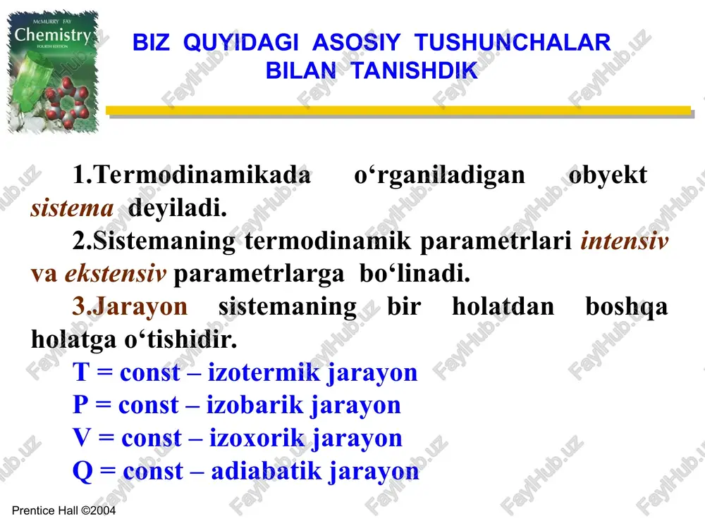 chi qonuni agar ikkita yopiq sistemani bir-biriga tegizilsa, har ikkala sistemaning holati o‘zgaradi. ma’lum vaqtdan so‘ng shunday holat yuz beradiki, bunda sistemalarda o‘zgarish ro‘y bermaydi. masalan: haroratlari bir-biridan farq qiladigan ikki jism – sovuq suv va qizdirilgan metall bir-biriga tegizilsa, suv isib, metall soviy boshlaydi. birozdan so‘ng ularning ikkalasi bir xil haroratga ega bo‘ladi va issiqlik muvozanati yuzaga keladi. chapter 18 slide * chapter 18 prentice hall ©2004 issiqlik muvozanati bir nechta jismlar orasida ham yuzaga keladi. uchta - a, b va d sistemalar ko‘rilganda tajriba shuni ko‘rsatdiki, a va b sistemalar d sistema bilan muvozanatda bo‘lsa, ular o‘zaro ham issiqlik muvozanatida bo‘ladi. bu emperik fakt termodinamikaning nulinchi qonuni deb yuritiladi. chapter 18 slide * chapter 18 prentice hall ©2004 «0» qonun termodinamikaning to‘rtinchi postulati bo‘lib, u xviii asr o‘rtalarida shotlandiya olimi djozef blek termometrni kashf etgandan so‘ng ta’riflandi. bu qonunni termik muvozanat qonuni deb ham yuritiladi. bir-biri bilan issiqlik …