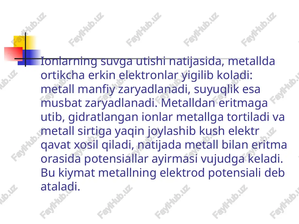 rining ayirmasi 0,788 ga teng. rux elektrod manfiy bo'lgani uchun undagi elektrodlar tashki zanjir orqali vodorod elektrodga o'tadi. misning standart elektrod potensiali e0 cu2+/cu = +0.348 v ga teng. standart elektrod potensial kiymati qancha kichik bulsa, metall atomi uz elektronini shuncha oson yukotadi. ya'ni uning ximiyaviy aktivligi yuqori bo'ladi. misning standart elektrod potensiali e0 cu2+/cu = +0.348 v ga teng. standart elektrod potensial kiymati qancha kichik bulsa, metall atomi uz elektronini shuncha oson yukotadi. ya'ni uning ximiyaviy aktivligi yuqori bo'ladi. ximiyaviy reaksiya natijasida elektr energiya xosil qiladigan, ya'ni ximiyaviy energiyani elektr energiyaga aylantiradigan asboblar galvaniq elementlar deyiladi. galvaniq element xosil qilish uchun elektrolit eritmasiga ikki xil metall tushirilib, ularning uchlari tashki zanjir orqali bir-biriga ulanadi. italiya olimi volt mis va rux plastinkalarini sulfat kislotasiga tushirib, ularni o'zaro tutashtirganda elektr toki xosil bo'lishini kuzatadi va bu element keyinchalik volt elementi deb ataladi. bunday galvaniq elementda elektronlar tashki zanjir orqali rux elektroddan …