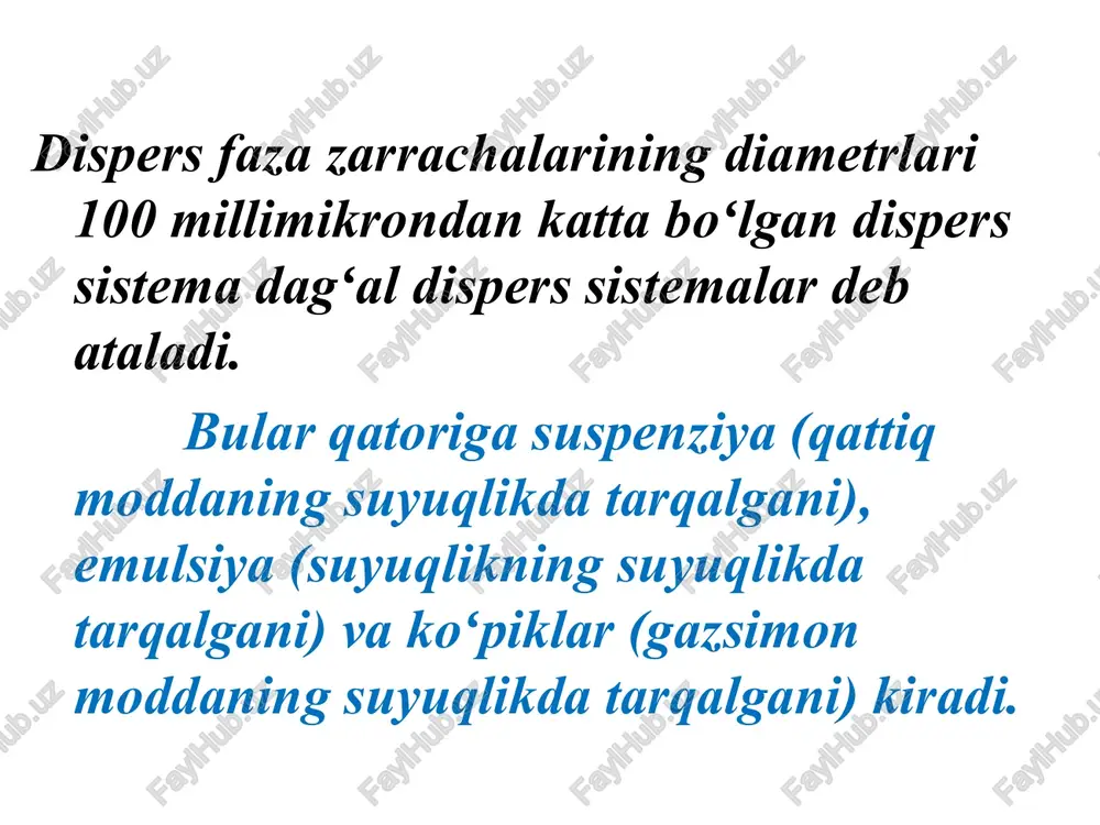 sil boʻlgan eritma tushiniladi. eritmaning bugʻ bosimi. raul qonuni mazkur temperaturada har bir suyuqlik ustidagi toʻyingan bugʻ bosimi doimiy birlikka ega boʻladi. biror moddaning suyuqlikda erishi uning toʻyingan bugʻ bosimining kamayishiga olib kelishi tajribalardan koʻrinadi. shunday qilib, eritma ustida erituvchining toʻyingan bugʻ bosimi shu temperaturadagi toza eritmaga qaraganda doimo yuqori boʻladi. 1887 yili raul toʻyingan bugʻ bosimiga doir qonunini e'lon qiladi. eritma ustidagi toʻyingan bugʻ bosimining nisbiy kamayishi erigan moddaning mol qismiga tengdir. raul qonunining matematik ifodasi quyidagi tenglama orqali ifodalanadi: po - p / r n2 bu erda, ro - toza erituvchining toʻyingan bugʻ bosimi; r - eritmaning bugʻ bosimi; n2 - erigan modda mol qismi. oʻz-oʻzini tekshirish uchun savollar: eritma deb nimaga aytiladi? gomogen va geterogen sistema deganda nimani tushunasiz? toʻyingan va toʻyinmagan eritmalar qanday boʻladi? konsentrasiya nima? eritmalarning konsentrasiyalarini qanday ifodalash usullari bor? foiz konsentrasiya deb nimaga aytiladi? normal konsentrasiya deb nimaga aytiladi? molyar konsentrasiya deb nimaga …