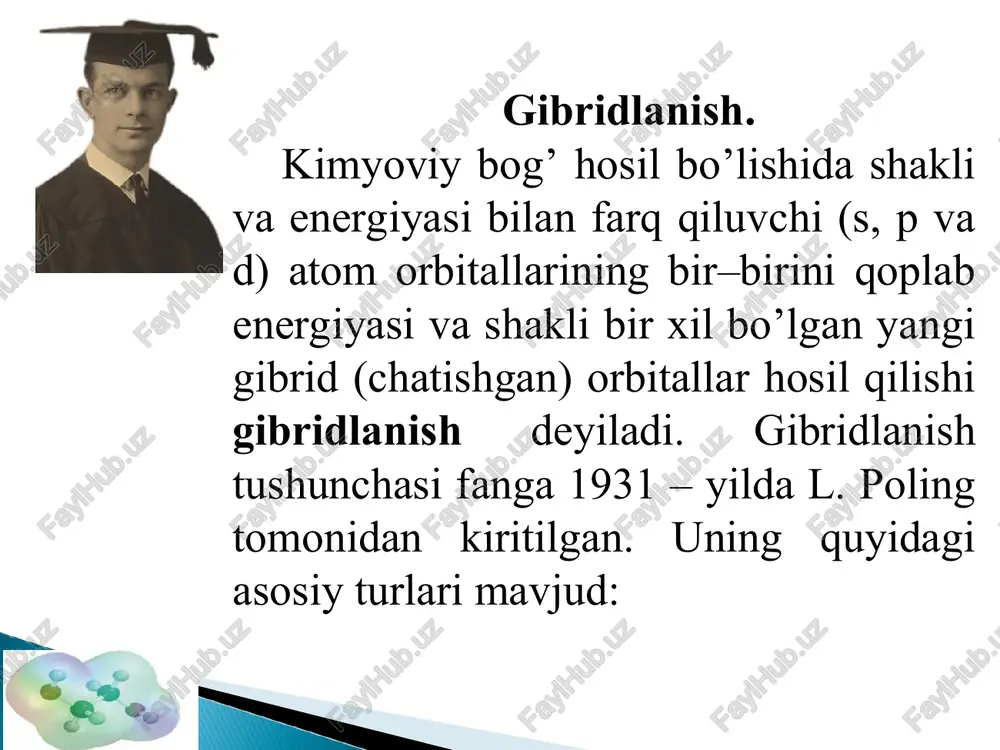 ilishda qatnashgan? bizga savolda gibridlangan yoki gibridlanmagan deb shart qo’yilmagan. shuning uchun biz molekuladagi barcha orbitallarning (yuqoridagi ikki turni ham) bog’larni hosil qilishda ishtirok etganlarini topishimiz kerak. avvalo, molekula tuzilishini yozib olib, undagi har bir atomning gibridlanishini aniqlaymiz: endi esa savolga qaytamiz: bog’ hosil qilishda nechta orbital qatnashgan? eslab qoling: har bitta bog’ (rasmdagi har bir chiziqcha) ni hosil qilishda o’sha bog’ orqali bog’langan atomlarning bittadan orbitali( jami ikkita orbital) qatnashadi. demak, bu qoidaga asoslangan holda molekuladagi bog’ hosil qilishda qatnashgan umumiy orbitallar soni undagi bog’larning ikkiga ko’paytirilganiga teng deyishimiz mumkin. fosfat kislotada umumiy bog’lar soni 8 ta, demak bog’ hosil qi-lishda qatnashgan orbitallarning umumiy soni 8x2=16 ta; * 2) molekulada nechta gibrid orbital bor? gibrid orbital haqida sxemamizda aytib o’tilgan. ushbu molekuladagi gibrid orbitallar sp2 va sp3 lardir. chizma-dan ko’rinib turibdiki, molekuladagi sp3 – gibridlangan atomlar 4 ta; har bir sp3 gibridlangan atomda 4 ta gibrid orbital ( 1ta …