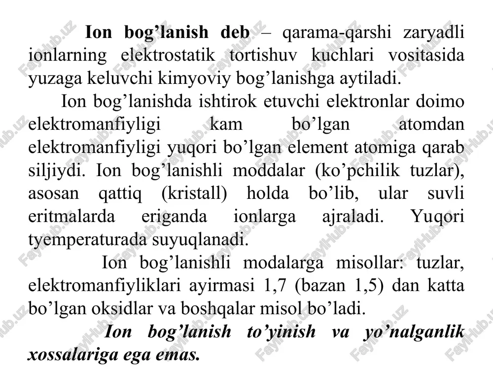 adiusi kichik bo’lishi d) c-f bog’i qutbliligi si-f nikidan kichik bo’lishi sababli e) uglerodning ionlanish potensiali kremniynikidan katta bo’lishi tufayli 3. tarkibi [cf6]2- bo’lgan ionda qaysi turdagi bog’lanish bo’lishi mumkin? a) qatbli kovalent b) ionli c) donor-akseptor d) qutbli kovalent va donor-akseptor e) bunday ion mavjud emas 4. kislorod va azot atomlarining elektron tuzilishiga tayangan holda,ular uchun maksimal valentlik qiymatini aniqlang. a) 4,4 b) 2,3 c) 2,4 d) 2,5 e) 3,5 5. elektron konfigurasiyalari keltirilgan qaysi elementlar o’zlarining birikmalaridan birida donor-akseptor bog’lanish hosil qilishi mumkin? 1) 1s2 2) 1s1 3) 1s22s22p2 4) 1s22s22p3 5) 1s22s1 a) 1,5 b) 2,3 c) 2,4 d) 1,2 e) 3,5 gibridlanish va tuzilishi 1. tarkibida sp3 gibridlangan atomi bo’lgan moddalarni ko’rsating. 1)metan; 2)ammiak; 3)ammoniy ioni; 4)suv; 5)sul’fit angidrid; 6)etilen; 7)bor ftorid; 8)berilliy xlorid; a) 1,2,3,4 b) 1,2,4,6 d) 3,4,7,8 2. markaziy atomi sp2 gibridlangan holatda bo’lgan zarrachalarni ko’rsating. 1) bor ftorid; 2) etan; 3) ammiak; …