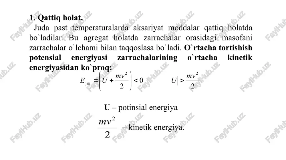 kulalararo ta’sir - shakl va hajm doimiy - misol: tuz, temir, muz suyuq holat xususiyatlari - molekulalar yaqin joylashgan, tartibsiz - hajmi doimiy, shakli idishga bog‘liq - diffuziya gazlarnikidan sekin - misol: suv, yog‘, spirt gaz holati xususiyatlari - molekulalar uzoqda joylashgan - hajm va shakl idishga bog‘liq - siqiluvchan, diffuziyasi tez - misol: havo, vodorod, co₂ plazma plazma — ionlashgan gaz, elektr o‘tkazadi. misol: quyosh, chaqmoq, neon lampalari. bose–einshteyn kondensati juda past haroratda atomlar bitta kvant holatiga tushadi. nazariy va eksperimental ahamiyatga ega. fazoviy o‘tishlar qattiq ↔ suyuq ↔ gaz shuningdek: sublimatsiya va resublimatsiya. erish va qotish qattiq → suyuq: erish suyuqlik → qattiq: qotish misol: muzning erishi. bug‘lanish va kondensatsiya suyuqlik → gaz: bug‘lanish gaz → suyuq: kondensatsiya misol: yomg‘ir hosil bo‘lishi. qaynash suyuqlikning butun hajmida bug‘lanish. misol: suvning 100 °c da qaynashi. sublimatsiya va resublimatsiya qattiq → gaz: sublimatsiya (yod) gaz → qattiq: resublimatsiya (qor, do‘l). energiya …