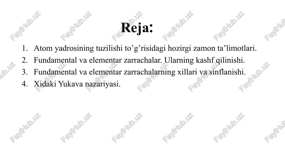 ileptonlar. 2. bozonlar a) 8 ta mezonlar va antimezonlar b) 2 ta foton graviton fermionlar noumumiy mexanik momenti – spinlari ½, 3/2, 5/2… kabi kasr sonlardan iborat bo’lgan zarrachalardir. ular fermi–dirak statistikasiga bo’ysunadilar. mazkur statistikaga binoan ko’p zarrachali tizimda har bir zarracha faqat o’ziga xos holatga egadir. fermionlar holati pauli prinspiga bo’ysunadi. xidaki yukava nazariyasi. 1935 yilda yapon fizigi xidaki yukava o’z gipotezasini ilgari surdi. unga ko’ra: yadro ichidagi nuklonlar (proton va neytron)ning yadroga tortilishi maydondagi allaqanday fotonlarga analog bo’lgan kvantlar yordamida bo’ladi. kvant nazariyasidan malumki maydonga tasir etadigan kuch radiusi kvant massasiga teskari proportsionaldir. elektromagnit maydonda kvant massasi nolga teng. tajribadagi natijalarda yadro maydonidagi kvantlarning yadro kuchlari tasiridagi radiusi elektron massasidan 207 marta katta ekanligi aniqlandi. demak u yerda yadro bilan tasirlashadigan yana bir zarracha mavjud deb aytgan edi xidaki yukava. 1947-yilda s.pauell yangi zarracha kashf etadi va bu zarracha haqiqatdan ham har qanday moddaning yadrosi bilan tez tasirlashishi, …