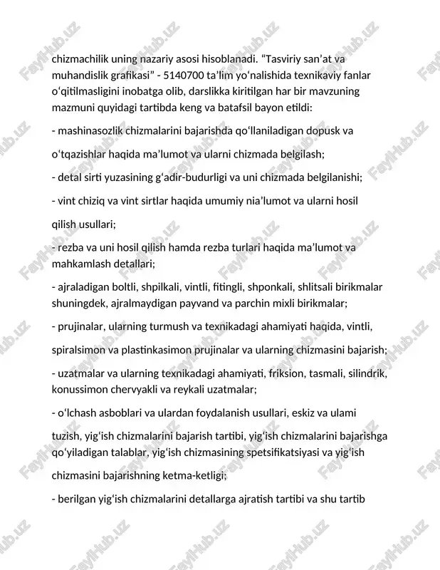 ‘yicha dastlab nazariy bilim bayon qilindi, so‘ngra unga doir misollar berildi. misollarni tushuntirishda chizmalardan keng foydalanildi. chizmalar davlat standarti talablariga to‘ia rioya qilingan holda bajarildi. darslikda mavzulaming mantiqiy bog‘lanishiga va har bir mavzuning mazmunan mazkur fan asosida tushunarli bayon etishga katta ahamiyat berildi. darslikdan mashinasozlik chizmachiligi fani o‘qitiladigan barcha oliygoh va o‘rta maxsus ta’lim oquv yurti talabalari foydalanishi mumkin. vint chiziq — doiraviy silindr yoki doiraviy konus sirtida yotgan va ularning hamma yasovchilar bilan teng burchaklar hosil qiladigan spiralsimon, fazoviy egri chiziq. silindr yoki konusning yasovchisi boʻylab ilgarilama tekis harakat qilgan nuqta ham v. ch. chizadi. yasovchining soat mili yoki unga teskari yoʻnalishda harakat qilishiga qarab, oʻnaqay yoki chapaqay v. ch. hosil boʻladi. nuqtaning tog’ri doiraviy silindrik ustida bir xil tezlikda aylanma va ilgarilanma harakatlanib chizgan chizig’i silindrik vint chiziq deyiladi. nuqtaning vintsimon harakati aylanish sirtlari ustida sodir bo’lishi mumkin, shuning uchun vint chiziqning turi aylanish sirtining turiga bog’liq bo’ladi. …