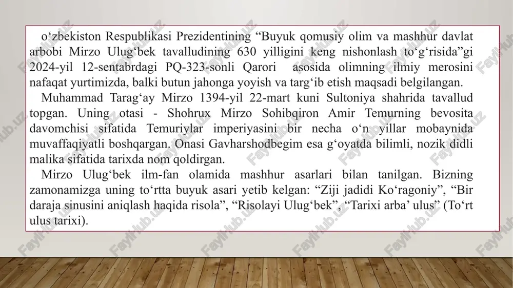 arasi”) deb atagan. bu noto‘g‘ri nomlanish keyinchalik ilmiy jamoatchilik tomonidan tanqid qilingan. farzand tarbiyasi haqidagi qarashlar bobur “boburnoma”da o‘g‘li humoyunga yozgan maktublari orqali tarbiya masalalariga oid fikrlarini bildiradi. u voyaga yetayotgan bolaga odob, axloq, hurmat, bilim olishga intilish kabi fazilatlarni singdirishni muhim deb bilgan. mirzo ulug‘bekning pedagogik g‘oyalari va uning ta’lim rivojidagi xizmatlari ta’limiy-tarbiyaviy ahamiyat “xatti boburiy” va “boburnoma” asarlarida boburning o‘qitish-tarbiya jarayonlari, axloqiy tarbiya, shaxsiy fazilatlar masalalari ko‘p o‘rin olgan. ma’naviy-ma’rifiy qarashlar bobur o‘z asarlarida insonning ma’naviy jihati, odob-axloq, yaxshilik va yomonlik, mehnat, ilm-fan kabi tushunchalarga katta e’tibor beradi. ilm-fanga hurmat va qiziqish bobur ilmga, kitobga va bilim olishga mehr qo‘ygan. ta’limni rivojlantirish va o‘z vaqtida bilimni kengaytirish orqali shaxsni kamol topishga undagan. ulug‘bek madrasasi mirzo ulug‘bekning pedagogik qarashlari ham alohida e’tiborga sazovordir. uning pedagogik g‘oyalari tanqidiy fikrlashni rivojlantirish va yangiliklarga e’tibor qaratish tamoyiliga asoslangan bo‘lib, o‘z davri uchun haqiqiy inqilobiy yondashuv edi. ulug‘bek ta’lim jarayonida qulay muhit yaratish, …