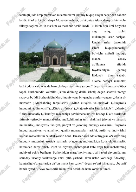 bu paytda buxoro, samarqand, termiz kabi shaharlar islom dunyosining yirik ilmiy markazlari bo‘lib, bu yerda fiqh, hadis, tafsir, mantiq, falsafa va boshqa diniy-ilmiy fanlar chuqur o‘rganilgan. ayniqsa, qoraxoniylar va saljuqiylar davrida ilm-fan rivojiga katta e’tibor qaratilgan. al-marginoniy ana shu ilmiy muhitda voyaga yetgan va ta’lim olgan. uning zamondoshlari orasida ham mashhur olimlar bo‘lgan: najmuddin an-nasafiy (aqida ilmi), fahruddin ar-roziy (falsafa va kalom), abu bakr al-kosoniy (fiqh) kabi. ular bilan aloqada bo‘lgan yoki ularning ishlari bilan tanish bo‘lgan, bu esa uning tafakkurini shakllantirishda muhim rol o‘ynagan. al-marginoniy diniy qarashlarida aqidaga sodiqlik bilan bir qatorda aqlga ham muhim o‘rin beradi. uning asosiy g‘oyalari quyidagilardan iborat: · aql va vahiy o‘rtasidagi muvozanat: marginoniy aqlni diniy qonunlarni tushunishda vosita sifatida tan oladi, biroq u aql vahiyga (qur’on va sunnatga) zid bo‘lmasligi kerak, deb hisoblaydi. · adolat va axloq: u har bir huquqiy hukmning adolat tamoyillariga mos bo‘lishi kerakligini ta’kidlaydi. uning fikricha, har bir musulmon …