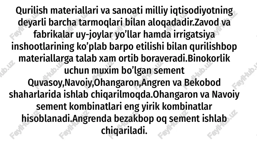 robarga, oyna mahsulotlari 2,6 barobarga ko‘p eksport qilindi. joriy yilning o‘tgan hisobot davrida qurilish materiallari eksporti geografiyasi an’anaviy hisoblangan bozorlar ya’ni qozog‘iston, tojikiston, qirg‘iziston, turkmanistondan tashqari afg‘oniston, rossiya, litva, turkiya, ukraina, ozarbayjon, xitoy va eron davlatlari hisobiga kengaytirildi. qurilish materiallarining asosiy eksport bozorlari bo‘lib qo‘shni respublikalar bozorlari hisoblanib, ushbu davlatlarning umumiy eksportdagi ulushi qariyb 71 foizni tashkil etmoqda. xususan, davlatlar kesimida ko‘rib chiqadigan bo‘lsak, qozog‘istonga – 85,0 mln dollarlik, qirg‘izistonga – 43,4 mln dollarlik, tojikistonga – 42,6 mln dollarlik, turkmanistonga – 8,6 mln dollarlik, afg‘onistonga – 7,4 mln dollarlik, rossiyaga – 21,6 mln dollarlik, litvaga – 12,1 mln dollarlik, turkiyaga – 6,3 mln dollarlik, ukrainaga – 7,5 mln dollarlik, ozarbayjonga – 2,7 mln dollarlik qurilish materiallari eksporti amalga oshirilgan. image1.jpeg image2.jpeg