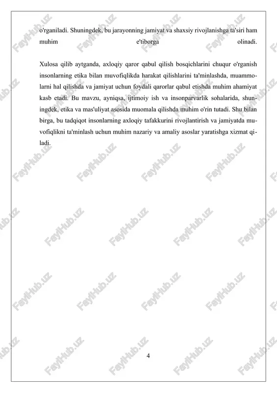 ror qabul qilish bosqichlarini o‘rganish ijtimoiy ishda muhim ahamiyatga ega, chunki bu jarayon ishchilarga muammolarni etik jihatdan to‘g‘ri hal qilish, jamiyat uchun foydali va adolatli qarorlar qabul etish imkonini beradi. bu bosqichlar insonlarning axloqiy tafakkurini rivojlantiradi, ularni etika bilan muvofiqlikda harakat qilishga undaydi va ijtimoiy muammolarni hal qilishda muhim rol o‘ynaydi. shuning uchun, axloqiy qaror qabul qilish bosqichlarini chuqurlashtirish va amaliyotga tatbiq etish, ijtimoiy xizmatlar, muomala va mas’uliyatli qarorlar qabul qilish jarayonida muvaffaqiyat kalitidir. bu jarayon insonlarning shaxsiy etika qoidalariga sodiqligini mustahkamlash va jamiyatda axloqiy ongni rivojlantirishga xizmat qiladi, natijada, adolatli va barqaror jamiyat qurilishiga asos bo‘ladi. ii. qaror qabul qilish jarayonida etika va madaniy qiymatlar qaror qabul qilish jarayonida etika va madaniy qiymatlar muhim rol o‘ynaydi, chunki insonlar har bir holatda o‘zlarining axloqiy qadriyatlariga asoslanib, muhim va murakkab masalalarni hal qilishadi. bu jarayon nafaqat shaxsiy etika prinsiplari bilan cheklanmay, balki jamiyatning madaniy, ijtimoiy va tarixiy kontekstlari bilan ham uzviy …
