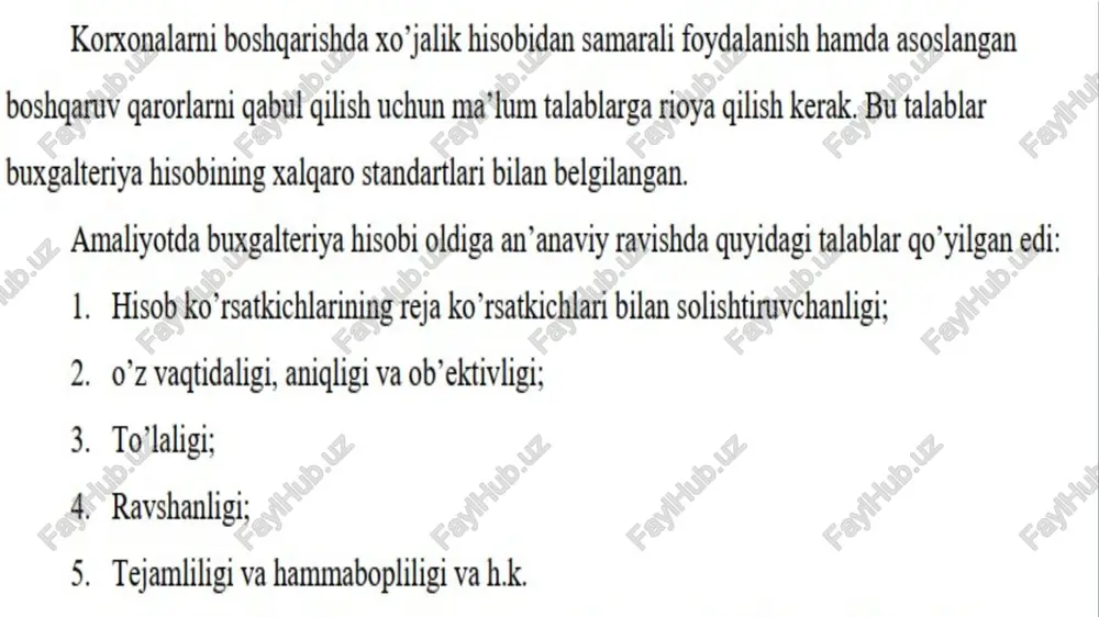 schyot tzimi vaikkiyog! \v~ bob "baholash va kalkulyatsiye vi- bob “asosiy xojalik muomala vil~ bob "hujatlashtirish va inven vill bob “buxgalteriya hisobning 1x bob “moliyaviy hisob" [7] x- b08 "buxgalteriya hisobini tact ¢ « > ~>o> 8 « « > ‘cranny opaaok macurra6 mapamerpnogrona o6parieiii mosopor foxit esign mlogenwtsca —crpaska & é tinuyuyan mloacsesenneiii | cesinka baxnaaxa | broxenneili axhoraunax ayano | anonnenne . anna alin —wo06paxennro menaeo | wnoannce 3) xo’jalik operatsiyalari, aktivlar va passivlarning pulda baholanishi; 4) aniqlik; 5) hisoblash; 6) oldindan ko’ra bilish (ehtiyotkorlik); 7) mazmunning shakldan ustunligi: 8) ko’rsatkichlarning giyoslanuvchanligi; 9) moliyaviy hisobotning betarafligi; 10) hisobot davri daromadlari va xarajatlarining muvofiqligi: 11) aktivlar va majburiyatlarning xaqiqiy baholanishi. ikkiyoqlama yozuv tamoyili. unda har bir operatsiya (muomala) ikki marta aks & 8 & &- © gc aa ey alin nasnan kommentapuii = bua ‘®opma ie 10-buxgalteriya-hisobi-nazariyasi.-b.xashimov-2003-darslik-.pdf (3ali\vileho) - foxit pdf reader © b b @ py bui6pare chuniok …