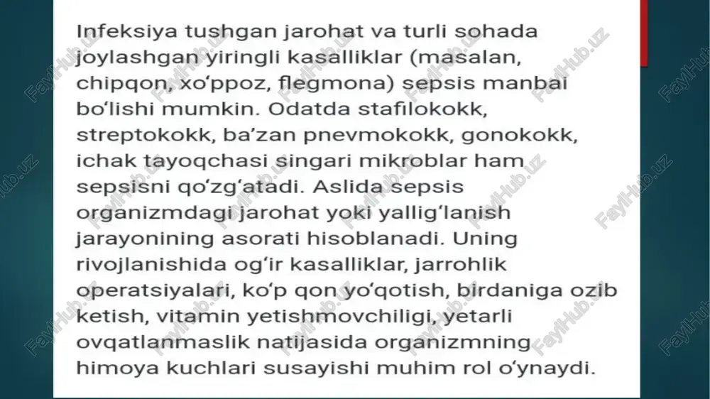 paytlarda ayollarda sut bezlarining avitsenna.uz = ayrim paytlarda ayollarda sut bezlarining yallig‘lanishi (mastit)dan so’ng sepsis kelib chigishi mumkin. bir qancha turlari mavjud ginekologik sepsis jinsiy a’zolar faoliyatidagi ayrim o'zgarishlar yoki kasalliklar (masalan, noqulay sharoitda qilingan abort, tug‘ruqning og'ir o'tishi, yiringli endometrit, salpingit)dan so'ng ro’y beradi. kriptogen sepsis ko'pincha autoinfeksiyalar tufayli ma’lum sharoitda vujudga keladi, ya’ni infeksiyalar bodomcha bezlarida, tish granulomalarida, kengaygan bronxlarda, ichaklarda, taloqda o'rnashgan bo'lishi mumkin. tonzillogen sepsis ko‘pincha bodomcha bezlarning yiring boylashi va nekrozli yallig'lanishi (angina) natijasida paydo bo'ladi. rinogen sepsis burun va uning yondosh bo'shliglaridagi yiringli kasalliklar asoratidir. urosepsis siydik-tanosil a’zolariga infeksiya tushishi, ularning zararlanishi hamda bu a avitsenna.uz = urosepsis siydik-tanosil a’zolariga infeksiya tushishi, ularning zararlanishi hamda bu a’zolardagi yiringli jarayonlar oqibatida vujudga keladi. jarrohlik sepsisi turli jarrohlik kasalliklari (ayniqsa, yiringli peretonit, plevrit, appenditsit, o'pka absessi hamda kuyish jarohati) asorati sifatida uchraydi. bulardan tashqari, sepsis jarayoni yangi tug‘ilgan go‘daklarda ham kuzatiladi. chaqaloqlar sepsisi (neonatal sepsis) bakteriyalarning …