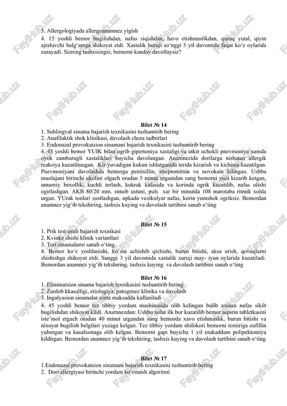 an, kuchli qichima yuzaga kelib, toshma butun badanga tarqalgan. anamnezida tez-tez toshmalar toshib qichima bilan kechib turgan. sizning tashxisingiz, bemorni kanday davolaysiz? bilet № 12 1. provokatsion sinamalarni sanab o‘ting 2. bronxial astma tasnifi, davolash chora tadbirlari 3. provokatsion sinamaga tarif bering, shokli azoga tarif bering 4. 8 yoshli kizcha xovuz atrofida bulgan vaktida tusatdan elka soxasida kattik ogrik yuzaga kelib, sung achishish paydo bulgan, yuzlari kizargan, xavo etishmagan, korinda tulgoksimon ogrik yuzaga kelgan, boshi aylangan va xushini yukotgan. bemordan anamnez yig‘ib tekshiring va davolash tartibini sanab o‘ting bilet № 13 1. ingalyasion sinama bajarish texnikasini tushuntirib bering 2. stivens djonson sindromi toshmalar xarakteri 3. allergologiyada allergoanamnez yigish 4. 15 yoshli bemor bugilishdan, nafas siqishdan, havo etishmaslikdan, quruq yutal, qiyin ajraluvchi balg‘amga shikoyat etdi. xastalik huruji so‘nggi 5 yil davomida faqat ko‘z oylarida zurayadi. sizning tashxisingiz, bemorni kanday davollaysiz? bilet № 14 1. sublingval sinama bajarish texnikasini tushuntirib bering 2. …