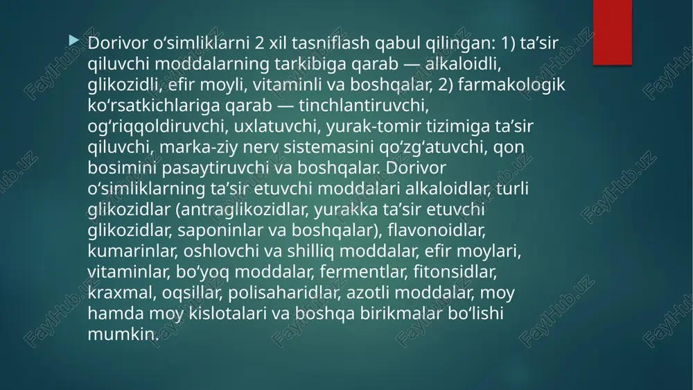 yasi oʻrganilmoqda. toshkent, namangan, jizzax, samarqand, qashqadaryo, surxondaryo viloyatlarida va xorazm maʼmun akademiyasida dorivor oʻsimliklar yetishtiradigan maxsus xoʻjaliklar bor. e tiboringiz uchun raxmat image6.png image7.jpeg image8.png image2.png image3.png image4.png image5.png /docprops/thumbnail.jpeg tta termiz filial a | davolash ishi 2 fakulteti 10: gutuh talabasi guimurodoy vaxobiddinning lotin tili va tibbiy terminologiya fanidan taqdimoti