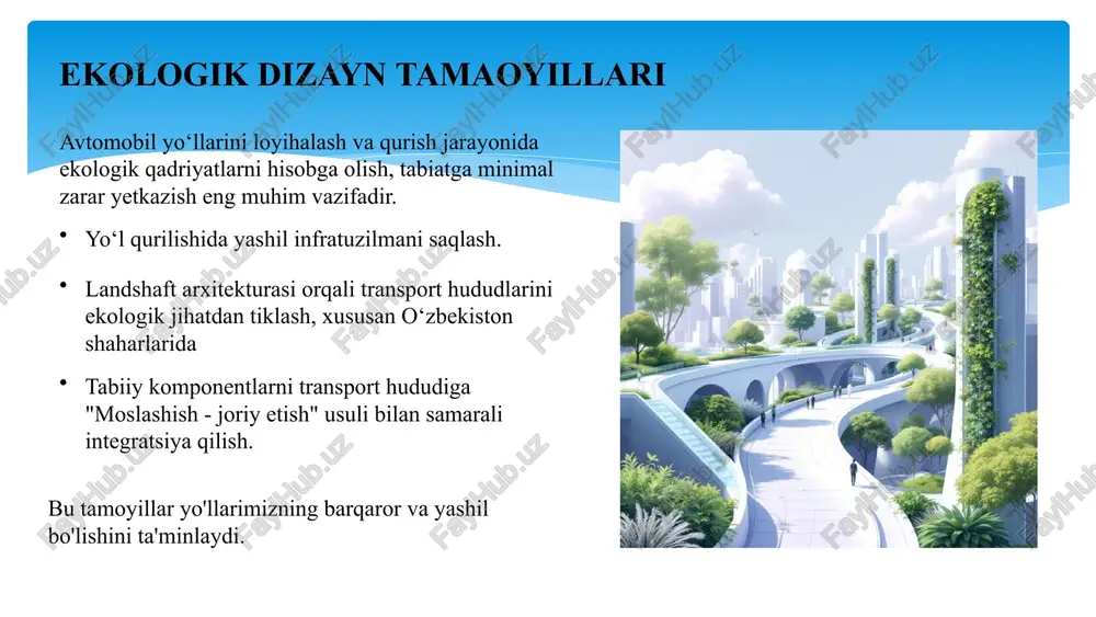 bilan ko‘kalamzorlashtirishning afzalliklari samarali filtr shox-shabba keng, barglari zich daraxtlar (masalan, eman, qarag‘ay) havo ifloslanishini kamaytirishda ayniqsa samaralidir. mikroiqlimni tartibga solish yo‘l bo‘yidagi daraxtlar soya berib, yozda haroratni pasaytiradi va kuchli shamoldan himoya qiladi. uzoq muddatli estetika to‘g‘ri tanlangan turlar yo‘lga uzoq yillar davomida ko‘rkamlik bag‘ishlaydi. 15 butalar va o‘tloqlarning rolli tuproqni mustahkamlash past o‘suvchi butalar va o‘tlar yo‘l chetida ko‘kalamzorlikni to‘ldirib, ayniqsa tuproq eroziyasini oldini olishda muhimdir. vizual jajibalik rang-barang gullar va o‘tlar yo‘l ko‘rinishini yaxshilaydi, manzarani diversifikatsiya qiladi va mavsumiy o‘zgarishlarni ta'minlaydi. texnik xizmat ko‘rsatish o‘tloqlar ba'zan o‘rim va parvarishlash ishlarini kamaytirishi, shu bilan birga yovvoyi tabiat uchun yashash joyi yaratishi mumkin. 16 o‘zbekiston misolida ko‘kalamzorlashtirish loyihalari respublikada barqaror rivojlanish maqsadida yashil yo‘llar konsepsiyasi tobora kengaymoqda. shahar markazlari toshkent va samarqand shaharlarida magistral va ko‘p qatnovli yo‘l bo‘yidagi ko‘kalamzorlashtirish ishlari intensiv olib borilmoqda. yangi yo‘l qurilishi yangi yo‘l qurilishlarida xalqaro standartlarga muvofiq ekologik talablar kuchaytirilmoqda va loyiha bosqichida …