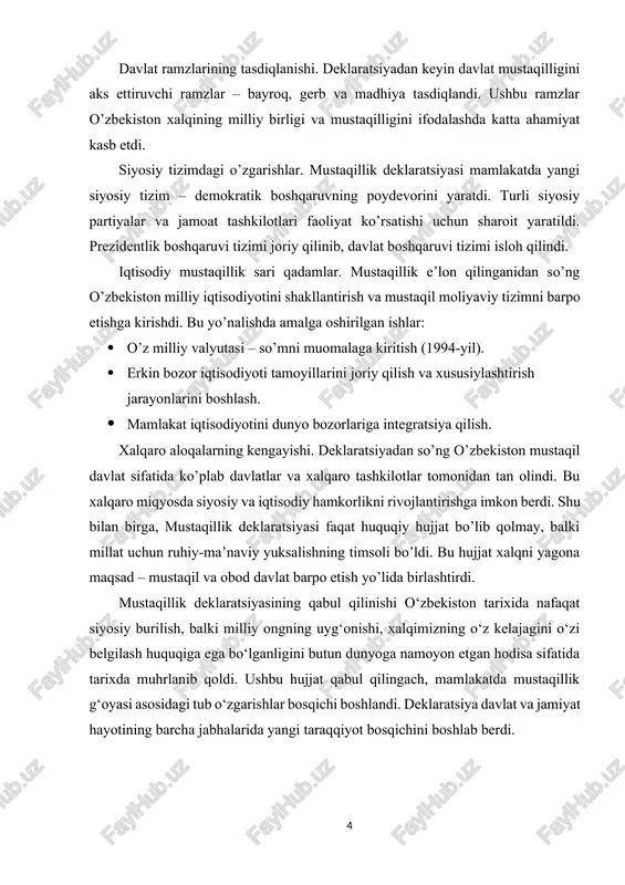 ikni rivojlantirishga imkon berdi. shu bilan birga, mustaqillik deklaratsiyasi faqat huquqiy hujjat bo’lib qolmay, balki millat uchun ruhiy-ma’naviy yuksalishning timsoli bo’ldi. bu hujjat xalqni yagona maqsad – mustaqil va obod davlat barpo etish yo’lida birlashtirdi. mustaqillik deklaratsiyasining qabul qilinishi o‘zbekiston tarixida nafaqat siyosiy burilish, balki milliy ongning uyg‘onishi, xalqimizning o‘z kelajagini o‘zi belgilash huquqiga ega bo‘lganligini butun dunyoga namoyon etgan hodisa sifatida tarixda muhrlanib qoldi. ushbu hujjat qabul qilingach, mamlakatda mustaqillik g‘oyasi asosidagi tub o‘zgarishlar bosqichi boshlandi. deklaratsiya davlat va jamiyat hayotining barcha jabhalarida yangi taraqqiyot bosqichini boshlab berdi. 2. mustaqillik deklaratsiyasining tarixiy ahamiyati mustaqillik deklaratsiyasi o’zbekiston tarixida mislsiz burilish yasagan hujjat bo’lib, uning tarixiy ahamiyati juda keng qamrovli. bu hujjat nafaqat davlatning siyosiy, iqtisodiy va ijtimoiy jihatlarini o’zgartirdi, balki xalqning ma’naviy yuksalishida ham muhim rol o’ynadi. suverenitetning mustahkamlanishi. mustaqillik deklaratsiyasi bilan o’zbekiston o’z davlat suverenitetini e’lon qildi. bu quyidagilarni anglatadi: · davlat mustaqil siyosat yuritish va o’z qonunlarini qabul …