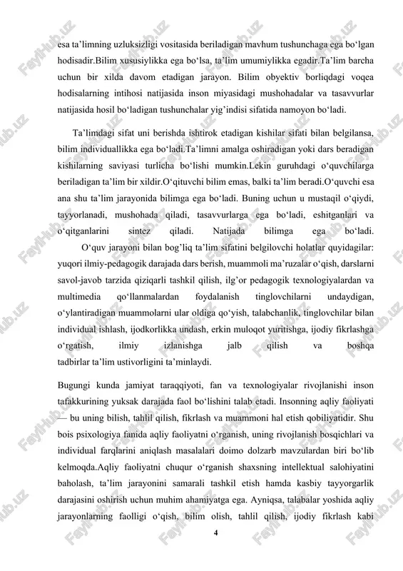 iy ko‘nikma hisoblanadi. mazkur kurs ishida aqliy faoliyatning nazariy asoslari, uni o‘rganish metodlari hamda talabalar misolida o‘tkazilgan tajribaviy tadqiqot natijalari tahlil qilinadi. mavzuning dolzarbligi: aqliy faoliyatni o‘rganish dolzarb masala bo‘lib, u inson tafakkurining rivojlanish qonuniyatlarini anglash, ta’limda individual yondashuvni shakllantirish, shuningdek, shaxsning intellektual imkoniyatlarini baholashda katta ahamiyat kasb etadi. bugungi ta’lim tizimida talabalar bilimini, tahliliy fikrlash qobiliyatini va muammoli vaziyatlarda qaror qabul qilish salohiyatini aniqlash uchun zamonaviy psixologik metodlar qo‘llanilmoqda. ishning maqsadi: aqliy faoliyatni o‘rganish uchun qo‘llaniladigan metodlarni tahlil qilish, ularning afzallik va kamchiliklarini aniqlash hamda talabalar o‘rtasida aqliy faoliyatni o‘rganishga doir amaliy tadqiqot o‘tkazish. tadqiqot vazifalari: 1. aqliy faoliyatning nazariy asoslarini o‘rganish. 2. aqliy faoliyatni o‘rganishning psixologik metodlarini tahlil qilish. 3. talabalar o‘rtasida aqliy faoliyatni o‘rganishga doir tajriba o‘tkazish. 4. tadqiqot natijalariga asoslanib, xulosa va amaliy tavsiyalar ishlab chiqish. tadqiqot obyekti: talabalarning aqliy faoliyati jarayoni. tadqiqot predmeti: talabalarning aqliy faoliyatini aniqlash va o‘lchashda qo‘llaniladigan psixologik metodlar. tadqiqotning nazariy ahamiyati: …