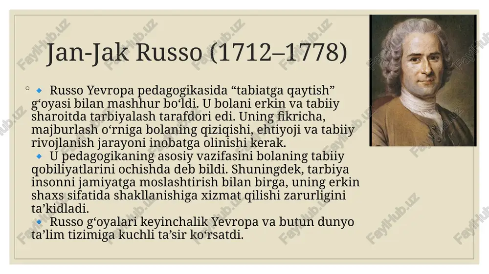 szi qarashlari sharq falsafiy merosida ta’lim-tarbiyaga insonparvarlik, tabiiylik va ma’naviy uyg‘unlik tamoyillarini olib kirib, zamonaviy pedagogikada ham ahamiyatini yo‘qotmagan. konfutsiy (mil.avv. 551–479) 🔹 konfutsiy qadimgi xitoy mutafakkiri va pedagogi bo‘lib, sharq falsafasi va ta’lim tizimining asoschilaridan biridir. uning ta’limoti keyinchalik “konfutsiylik” deb nom oldi va ming yillar davomida sharq jamiyatlariga katta ta’sir ko‘rsatdi. 🔹 u tarbiyada axloqiy poklik, odob-axloq qoidalariga rioya qilish, ota-onaga hurmat (xiao) va davlatga sadoqat tamoyillarini ilgari surdi. konfutsiyning fikricha, jamiyatda tartib va osoyishtalik bo‘lishi uchun har bir inson o‘z burchini ado etishi kerak. 🔹 ta’limda bilim olishni faqat yuqori tabaqa emas, balki barcha ijtimoiy qatlam vakillari uchun zarur deb bildi. shogirdlarni bilimga chanqoqlik, doimiy o‘qish va mustahkam odob-axloqqa o‘rgatdi. 🔹 konfutsiyning mashhur tamoyillaridan biri: “o‘zing istamagan narsani boshqalarga ravo ko‘rma” (oltin qoida). inson kamolotining uch mezoni: bilim, halollik va odob. 🔹 uning pedagogik merosi sharqdagi ta’lim an’analarining shakllanishiga asos bo‘ldi hamda keyinchalik yevropa ma’rifatchilariga ham ta’sir …