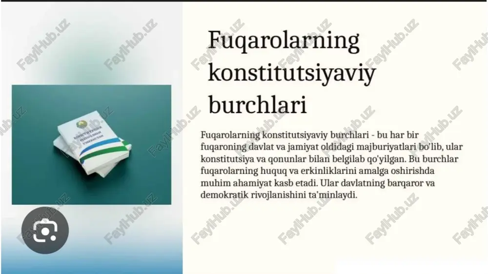asosida erkinlik va xavfsizlikka haqqan ega. bu huqualar daviat tomonidan ta'minlanadi va himoya qilinadi. konstitutsiyaviy huquqlar va majburiyatlar davlat bilan fuqaroning o'zaro » munosabatlarini belgilaydi, bu narsa haqiqiy huquq va erkinlikni ta'minlaydi. o'zbekiston konstitutsiyasida fuqarolarning huquqlari konstitutsiyada belgilangan huqualar orasida erkin fikr, diniy erkinlik va ta'lim olish huquqlari muhim o'rin egalaydi. bular 01 jamiyat rivojlanishida muhim ahamiyatga ega. o'zbekiston fugarolarining konstitutsiyaviy huquqlari asosiy gonun bilan ta'minlangan. ular erkinlik, xavfsizlik va teng huquq asosida belgilangan. fugarolar bularni himoya qilish imkoniga ega. 03 fugarolarning majburiyatlari gonun bilan belgilangan. ular davlat uchun sadogat, yurt muhabbat va gonunlarga rioya qilishga chagirilgan, jamiyat barqarorligini ta'minlashda yangilangan if konstitutsiyasida inson va fugaro huquq va erkinliklari hamda : a / an ‘ ry burchlarining | y ‘ a konstitutsiyaviy asoslari fugarolarning huquqlarini himoya qilish mexanizmlari ozbekiston fugarolari konstitutsiyaviy huquq va majburiyatlarga ega, ularni tushunish va rioya qilish jamiyat bargarorligini ta'minlaydi. har bir fuqaro huquqiarini bilishi muhim. /docprops/thumbnail.jpeg …